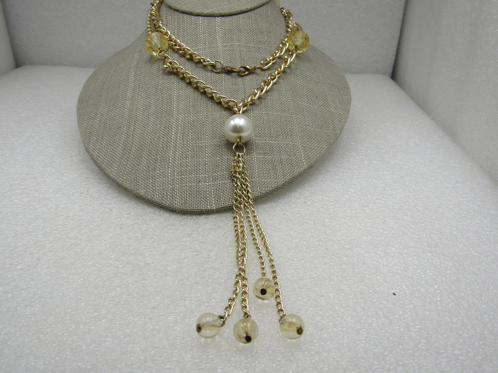 Vintage Faux Pearl Yellow Crackle Tassel Necklace, 28" - 3