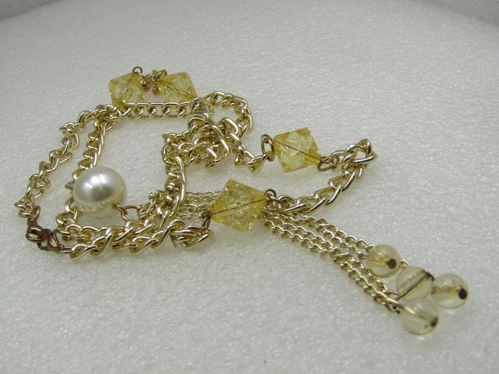 Vintage Faux Pearl Yellow Crackle Tassel Necklace, 28" - 7