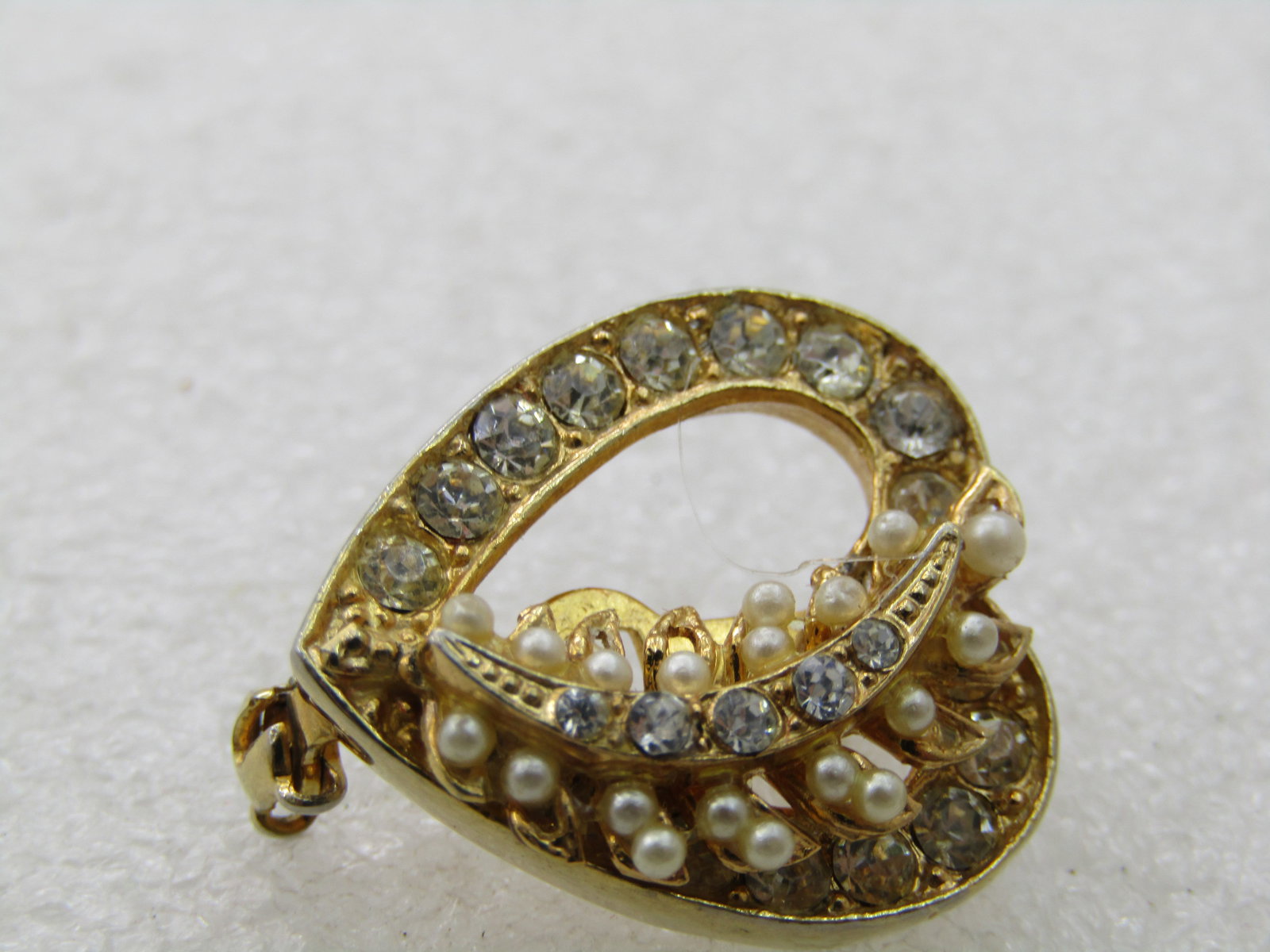 Vintage Rhinestone & Faux Pearl Heart Brooch, 1960's-1970's - 2