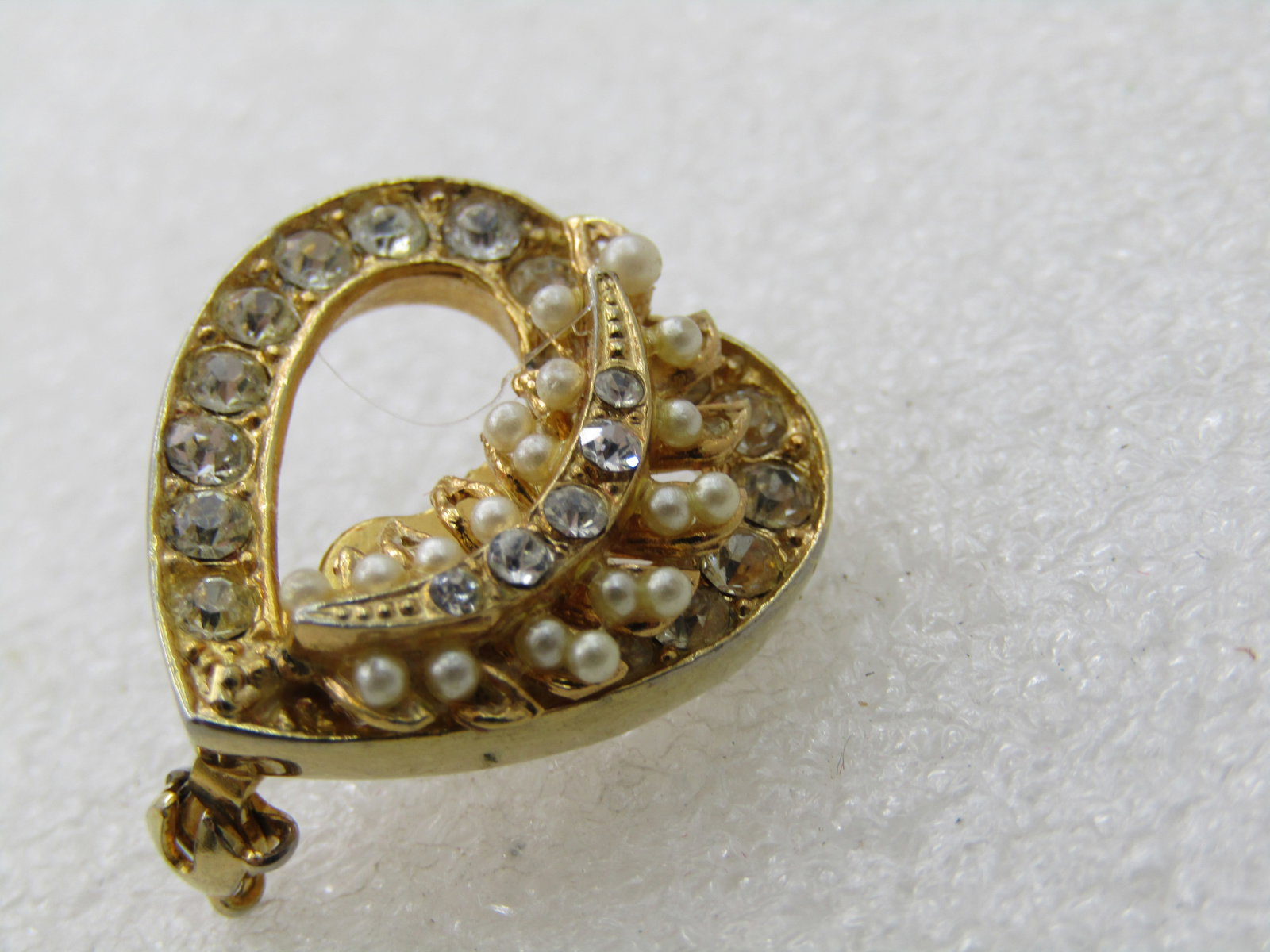Vintage Rhinestone & Faux Pearl Heart Brooch, 1960's-1970's - 3