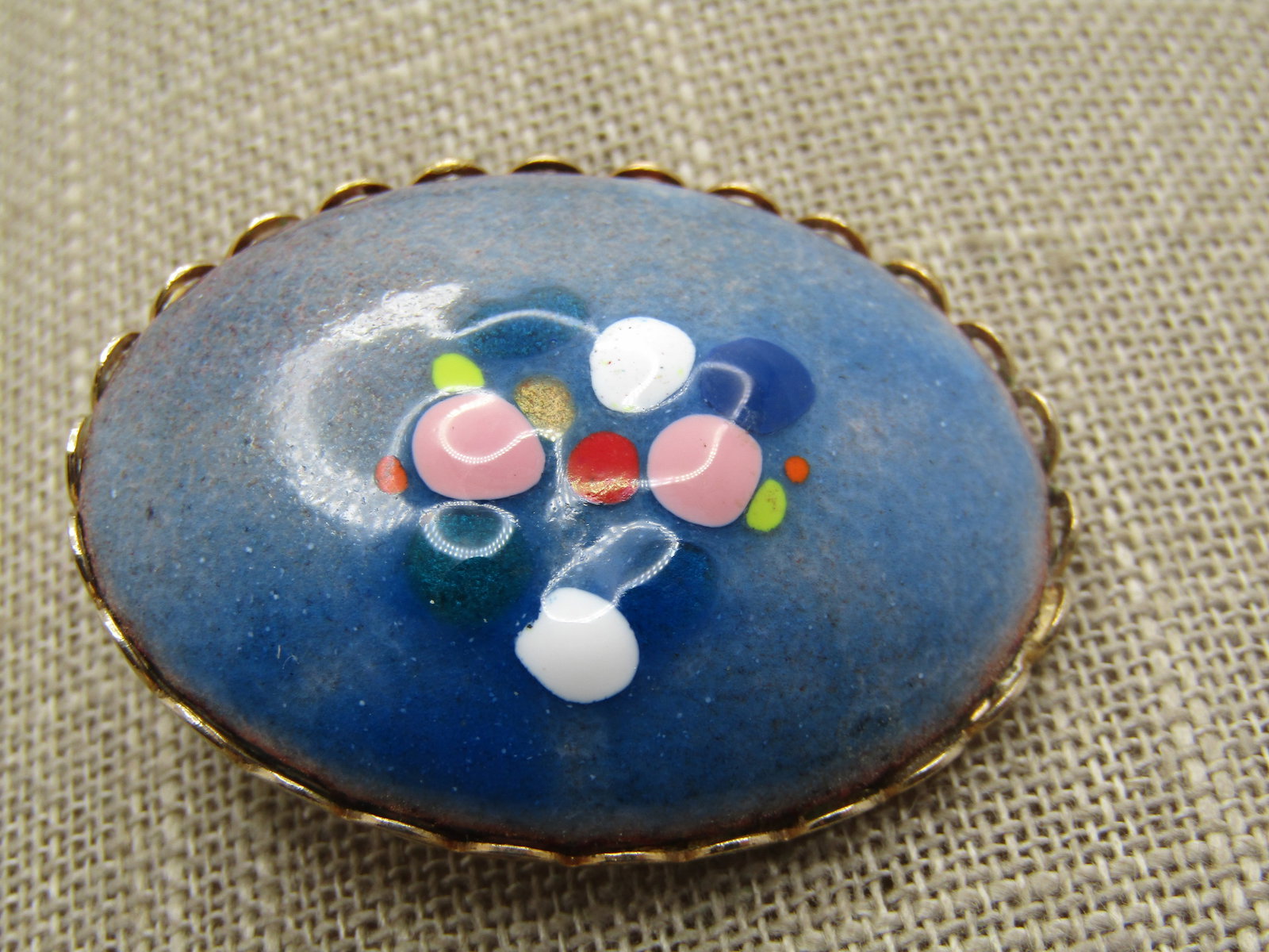 Vintage Ceramic Blue Domed Brooch, Cameo Style, Hand Made, 1960's - 2
