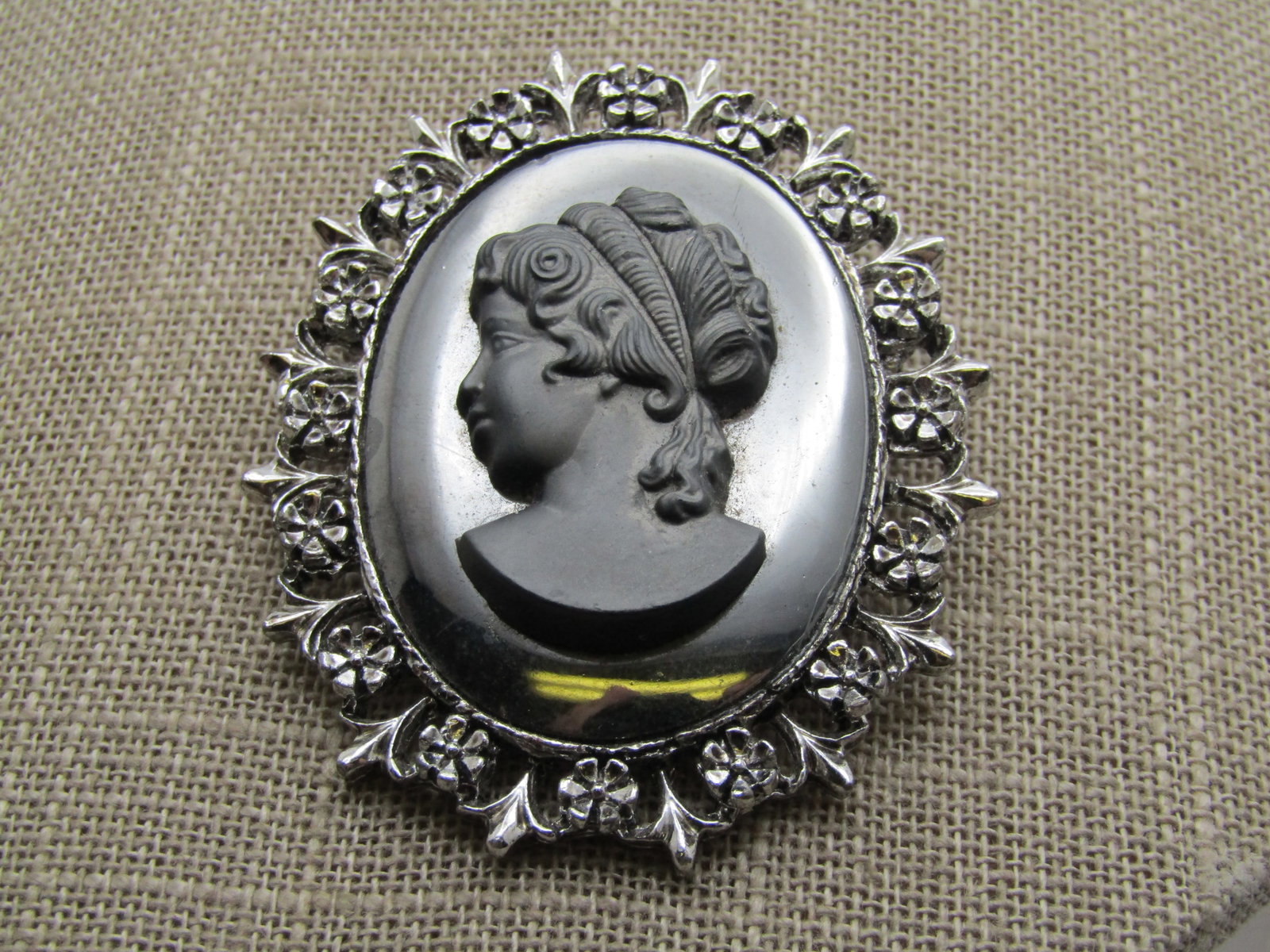 Vintage Hematite Cameo Brooch, 1960's-1970's, 2" - 2