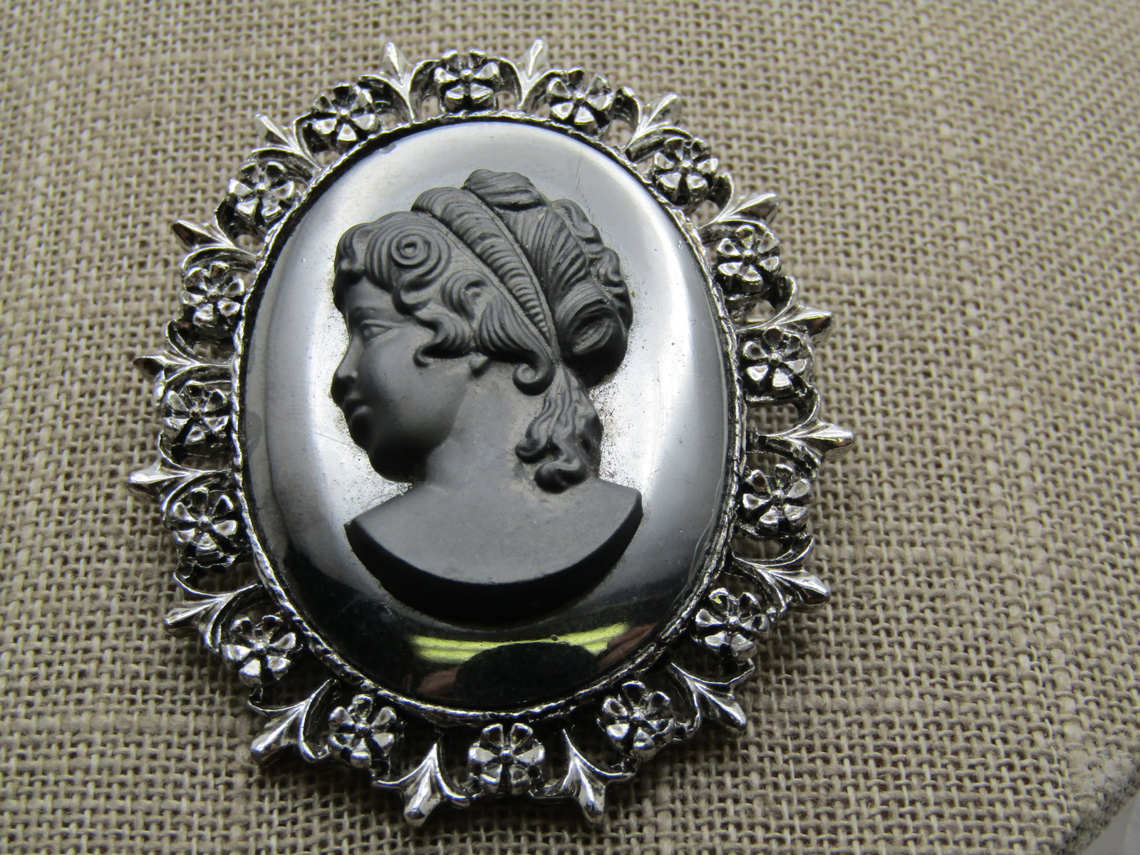 Vintage Hematite Cameo Brooch, 1960's-1970's, 2" - 3