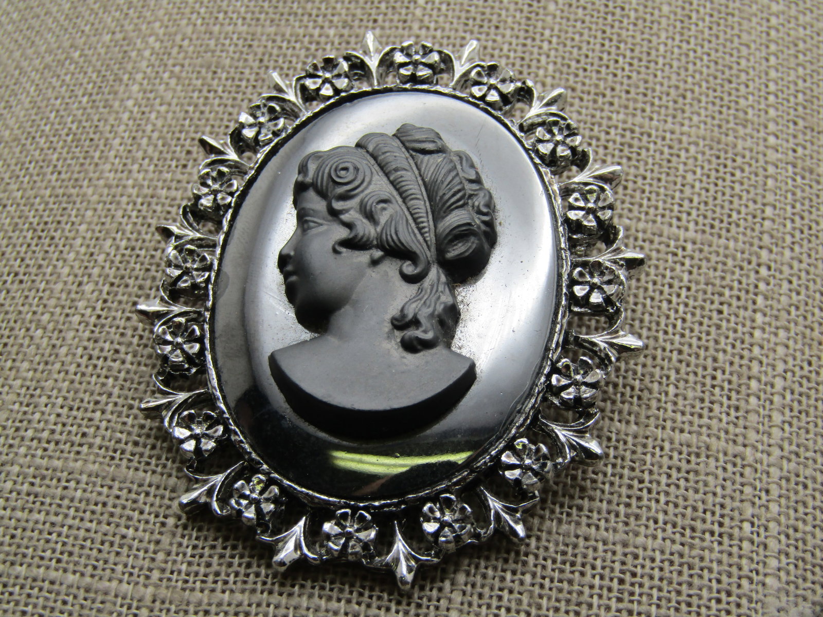 Vintage Hematite Cameo Brooch, 1960's-1970's, 2" - 4