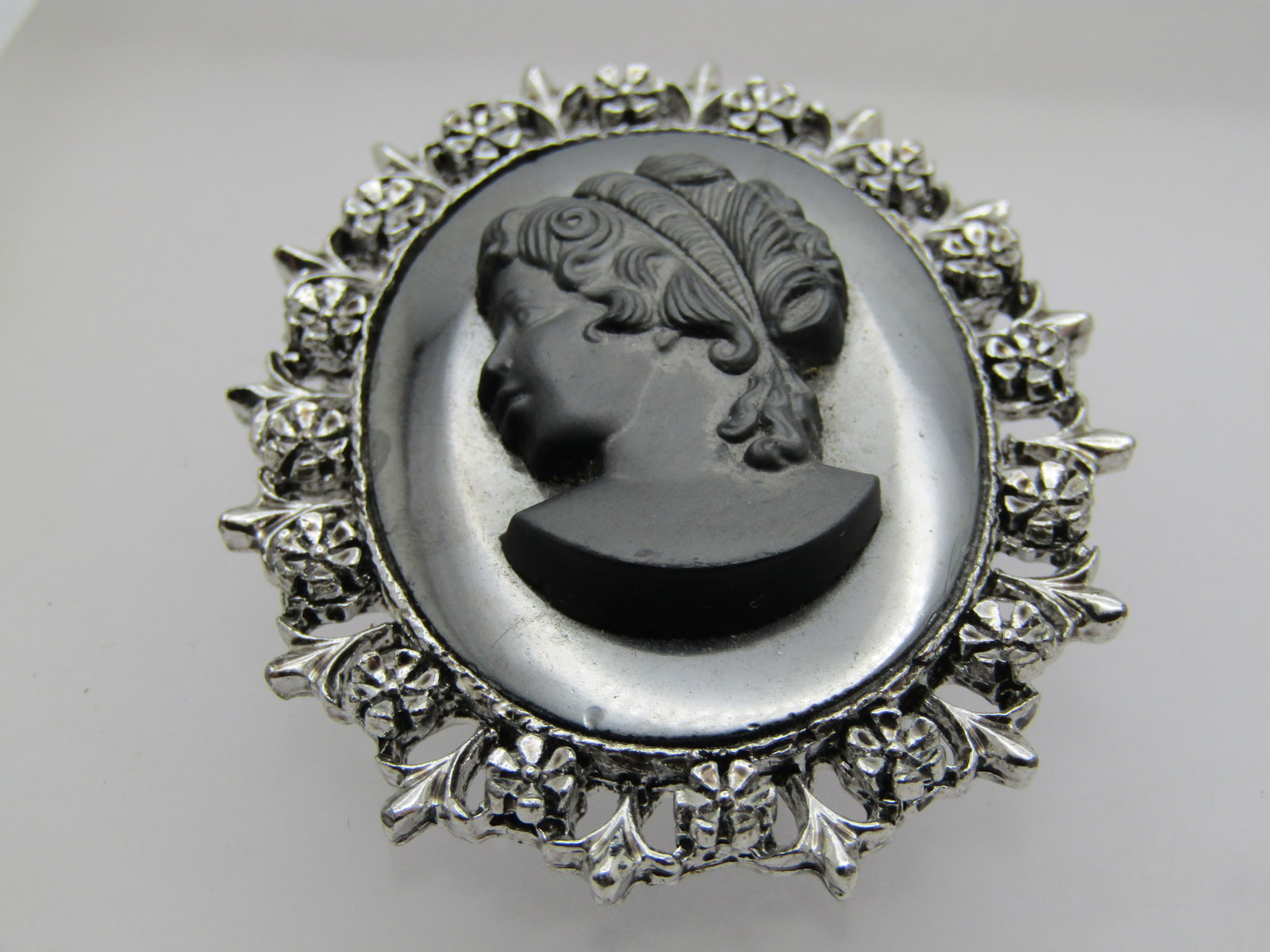 Vintage Hematite Cameo Brooch, 1960's-1970's, 2" - 6