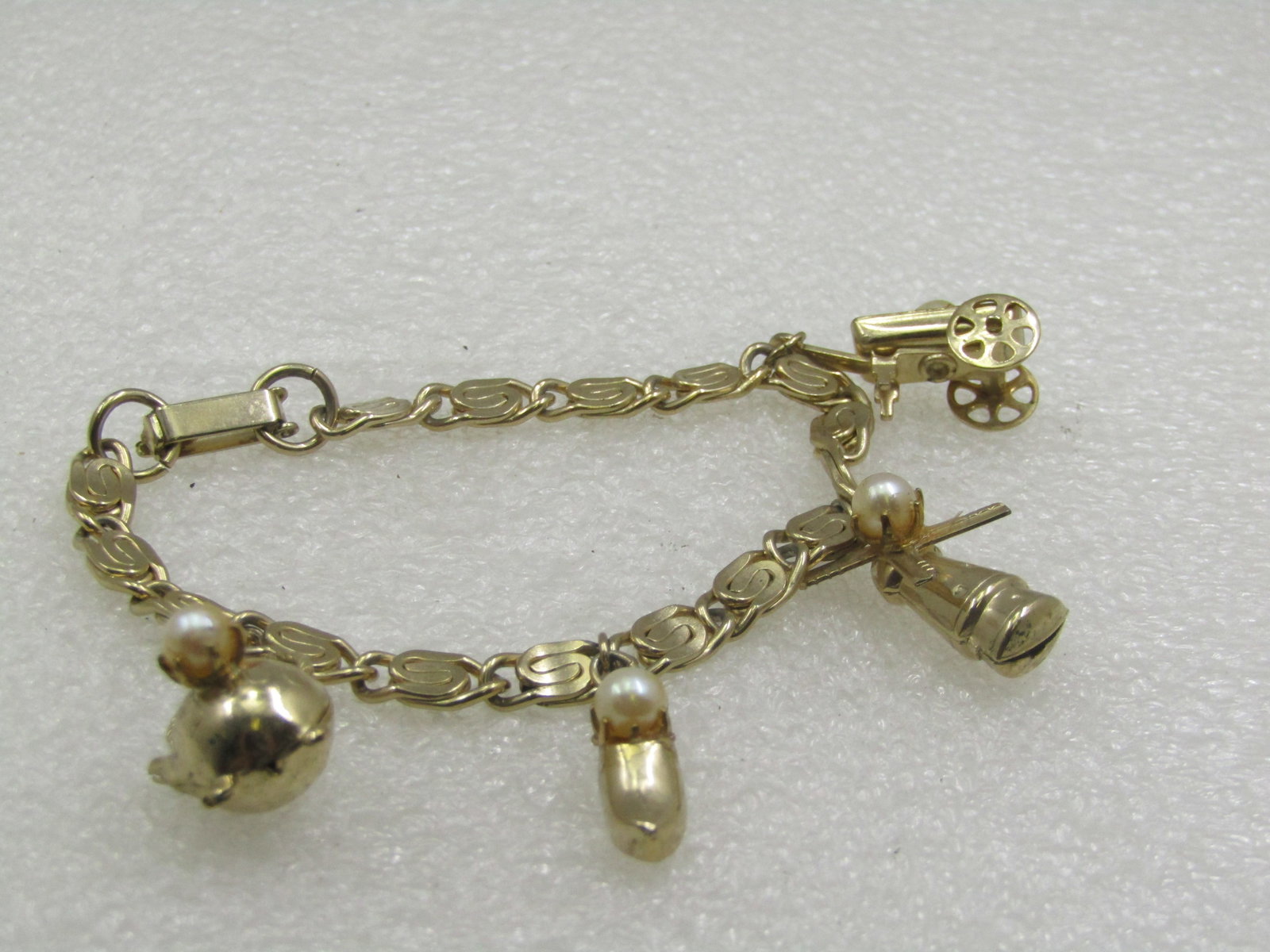 Vintage Gold Tone Charm Bracelet, 1960's, Faux Pearl, 7" - 7