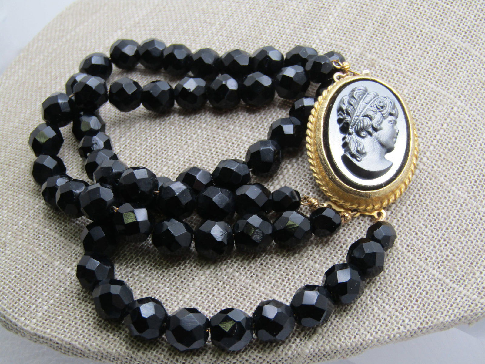 Vintage Black Glass Cameo Bracelet, 8", Triple Strand, 1960's-1970's - 2