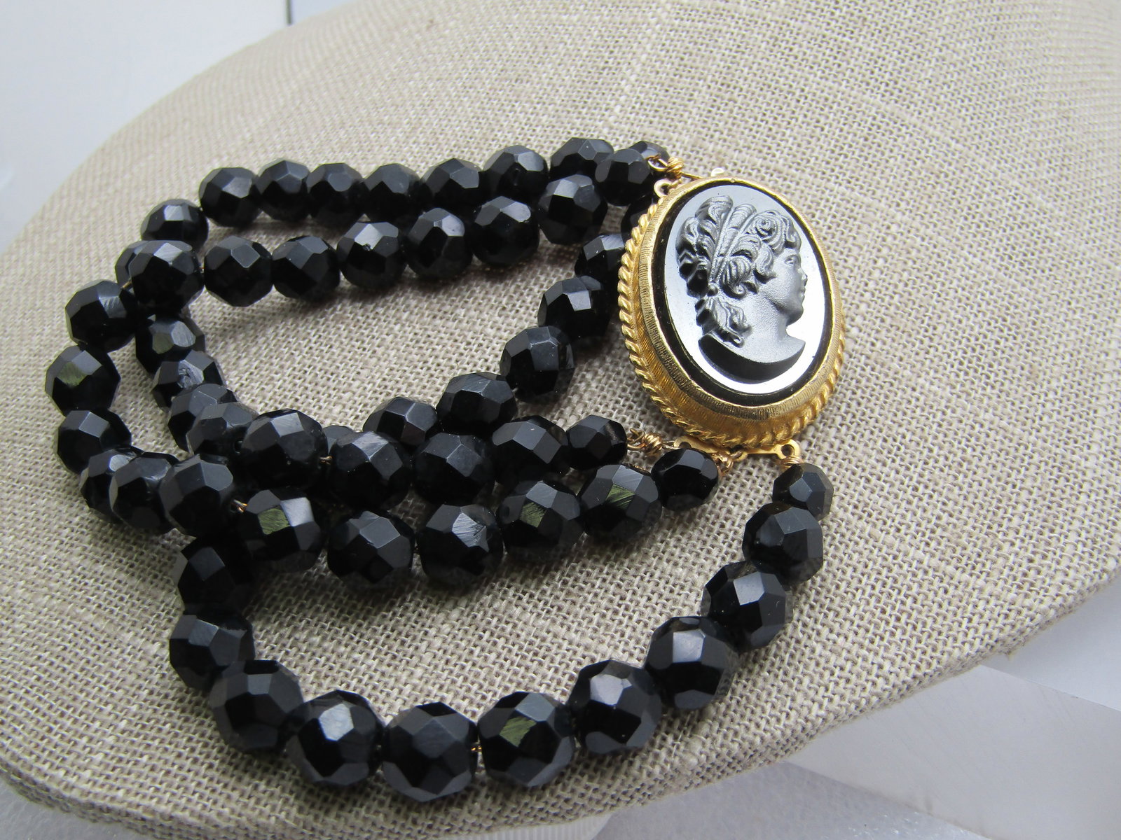 Vintage Black Glass Cameo Bracelet, 8", Triple Strand, 1960's-1970's - 3