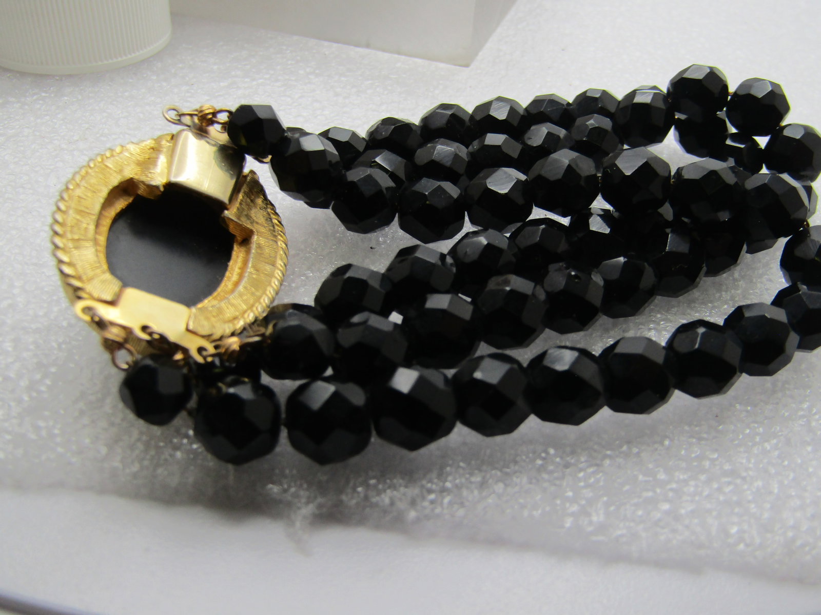 Vintage Black Glass Cameo Bracelet, 8", Triple Strand, 1960's-1970's - 4