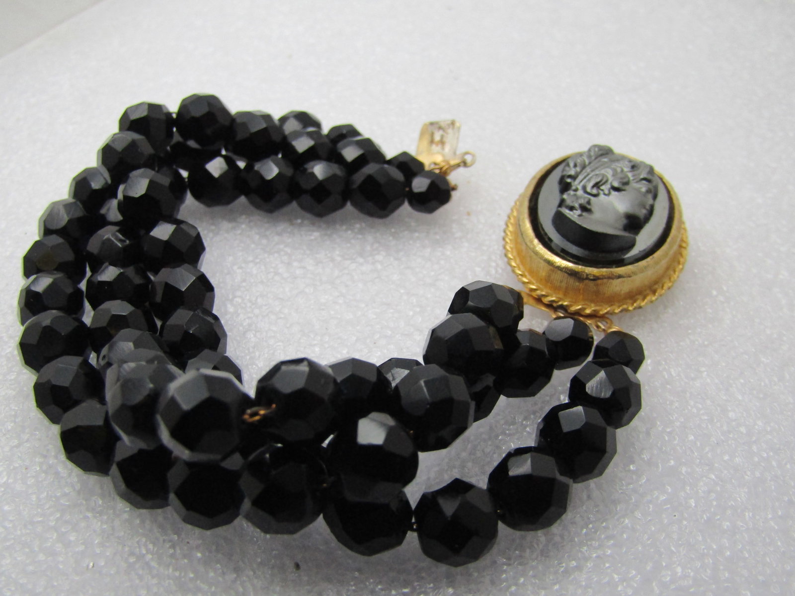 Vintage Black Glass Cameo Bracelet, 8", Triple Strand, 1960's-1970's - 5
