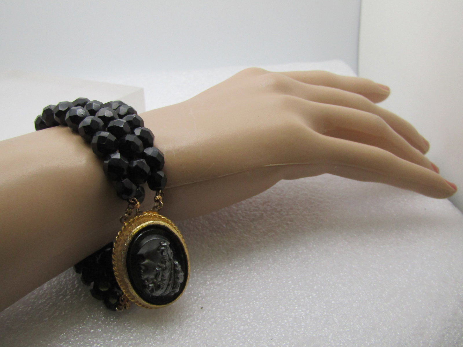 Vintage Black Glass Cameo Bracelet, 8", Triple Strand, 1960's-1970's - 6
