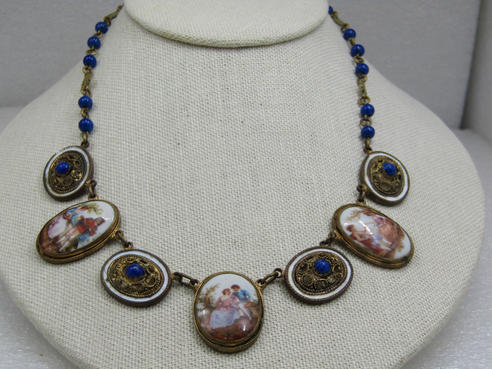 Vintage French Courting Scene Multi-Cameo Drop Necklace, 17", 1930's-1940's - 2