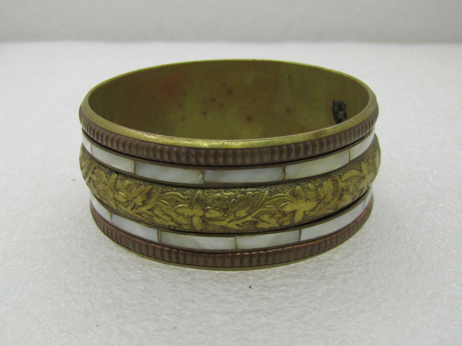 Vintage India MOP & Brass Bangle Bracelet, 7.75", 1.25" Wide (1 of 6)