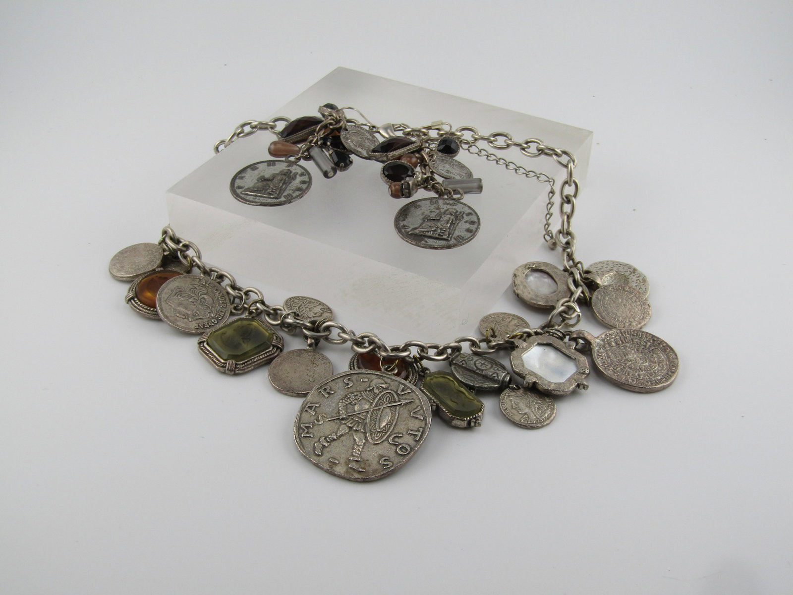 Vintage Faux Roman Coin and Cameo Necklace & Earrings, Chunky, 16"-19"1980's-1990's - 5