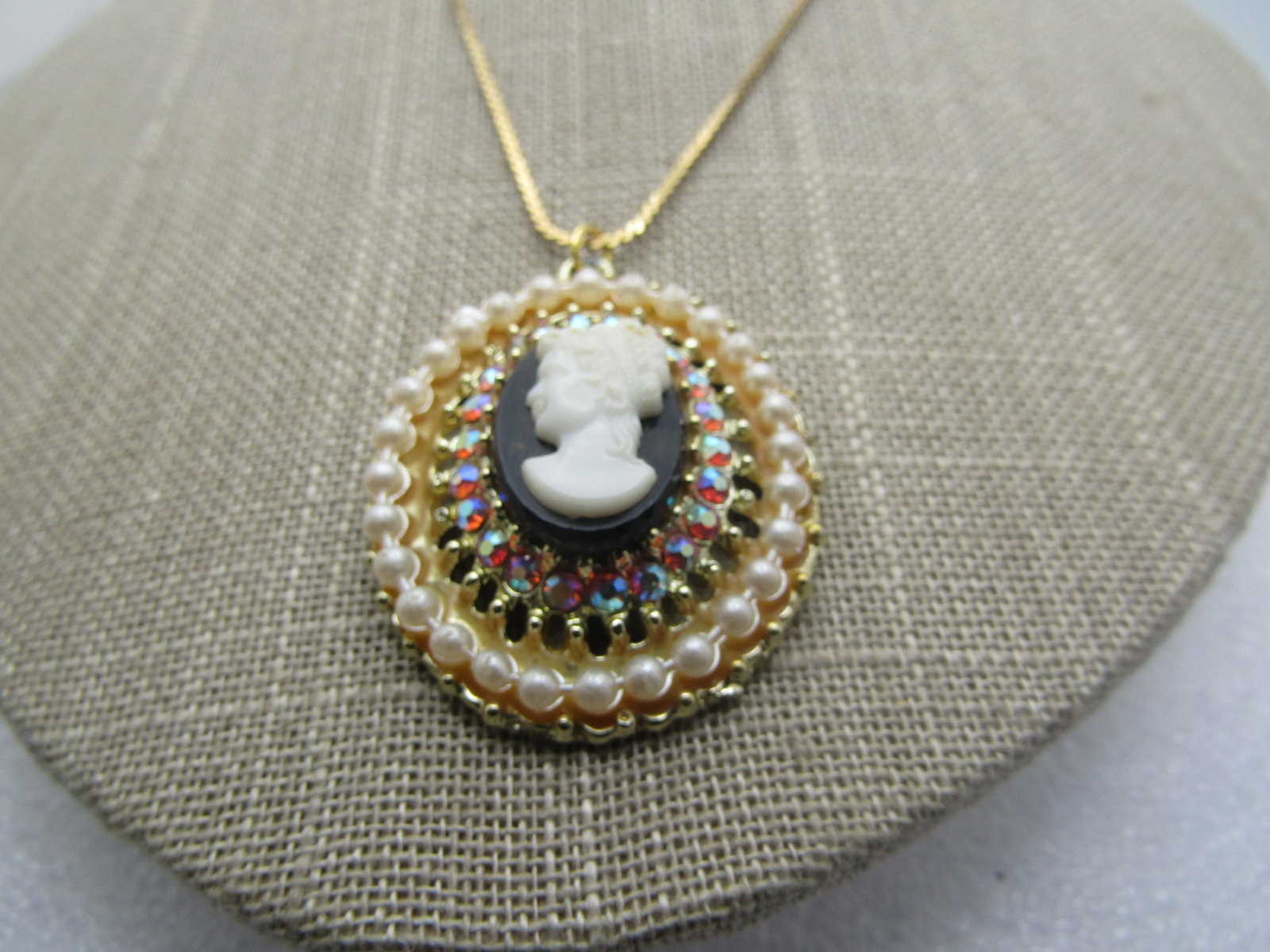 Vintage Cameo Rhinestone Pearl Necklace, Costume, 15", 1960's - 2
