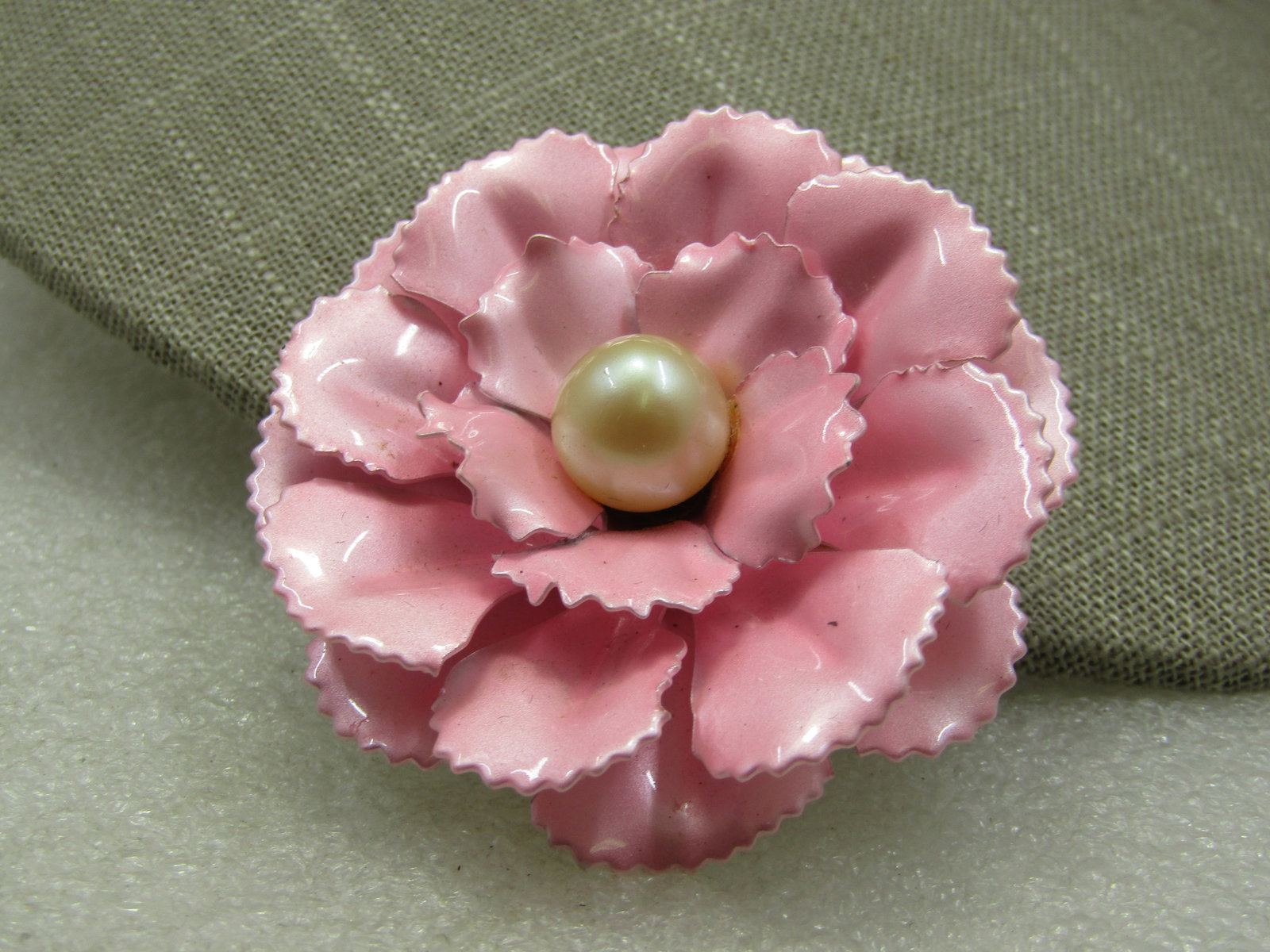 Vintage Pink Enameled Floral Brooch with Pearl, 2.25", 1960's - 2