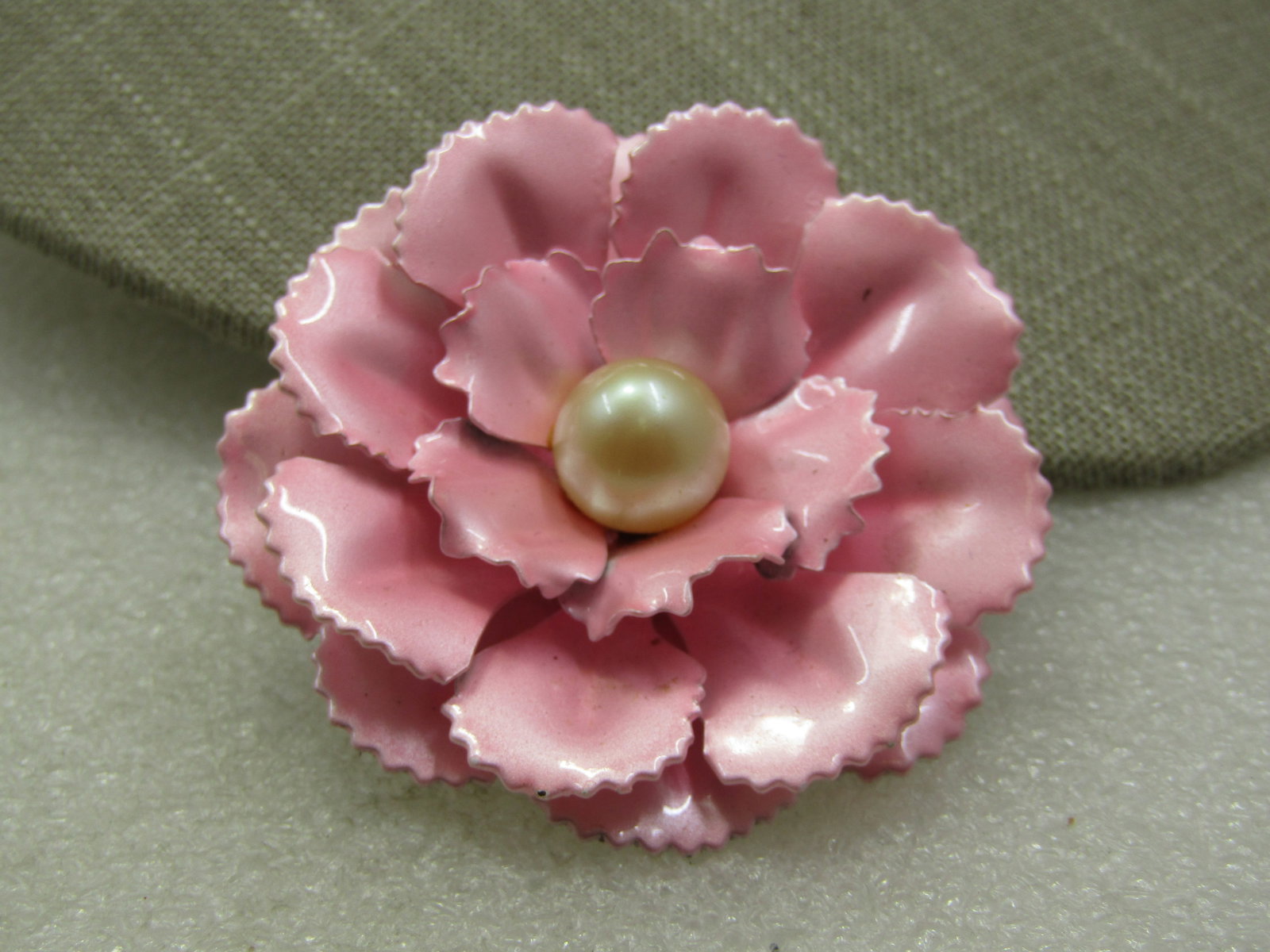 Vintage Pink Enameled Floral Brooch with Pearl, 2.25", 1960's - 3