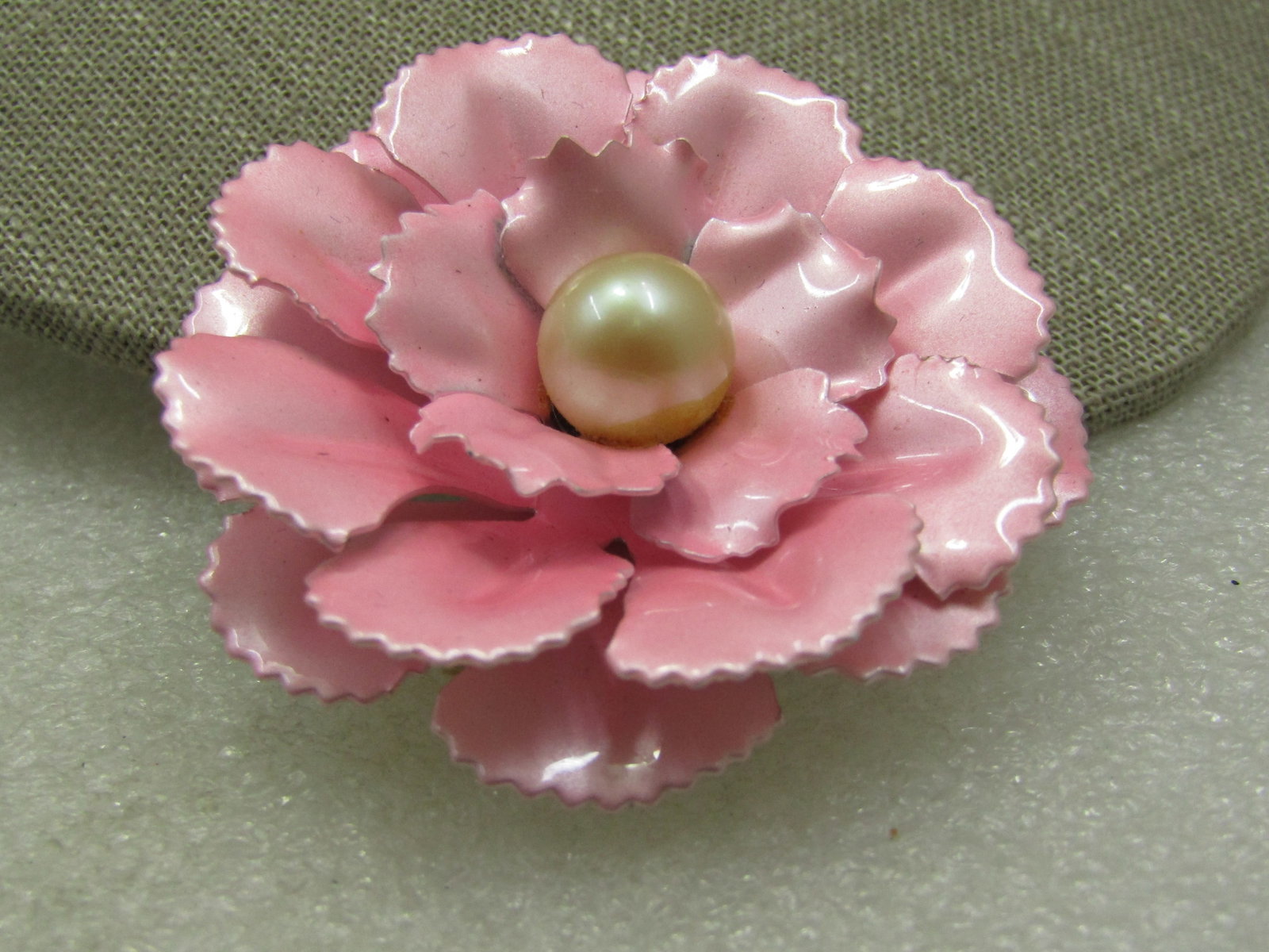 Vintage Pink Enameled Floral Brooch with Pearl, 2.25", 1960's - 4