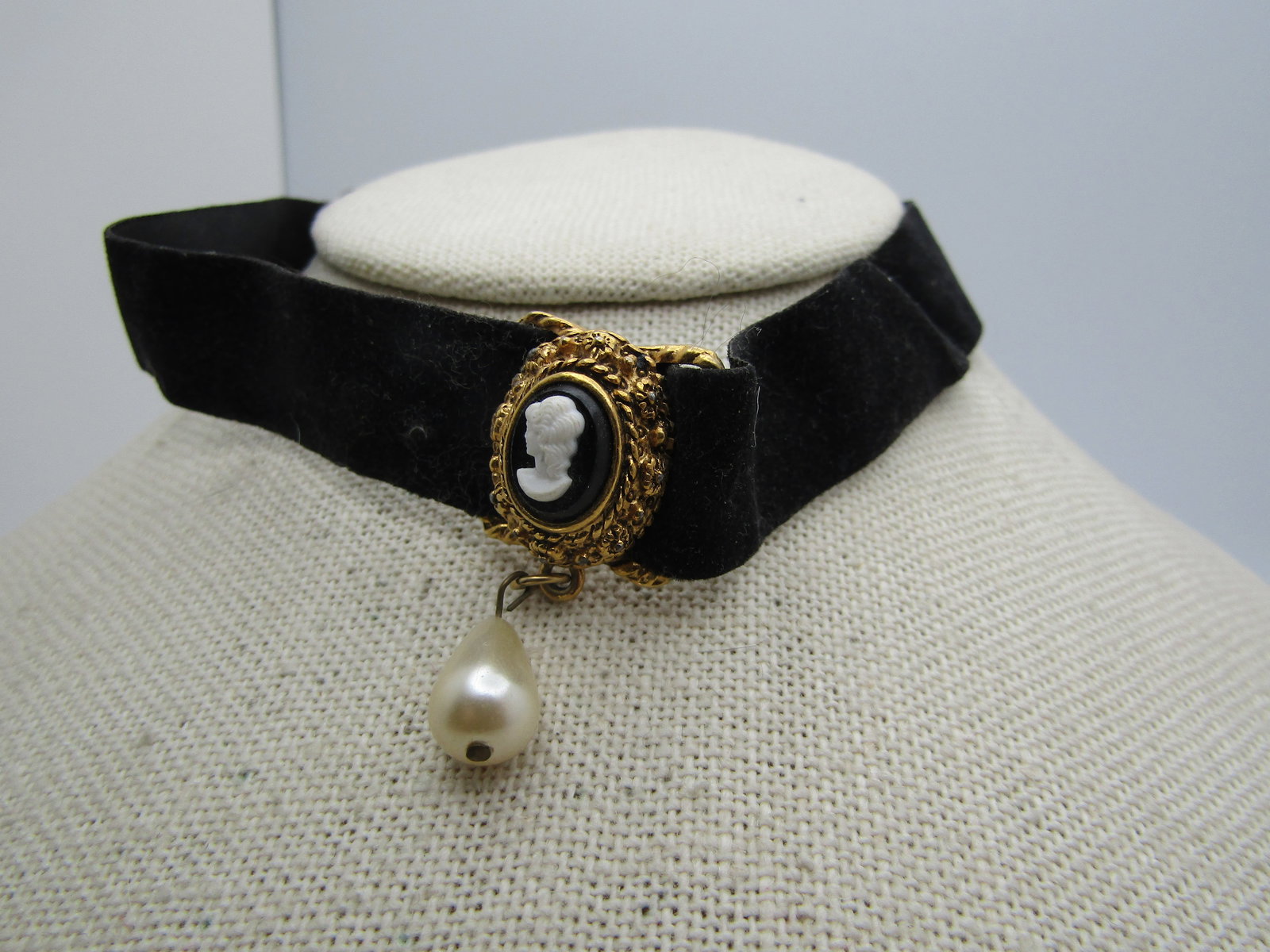 Vintage Black Velvet Choker, Cameo Drop, 12"-15", 1960's-1970's - 2