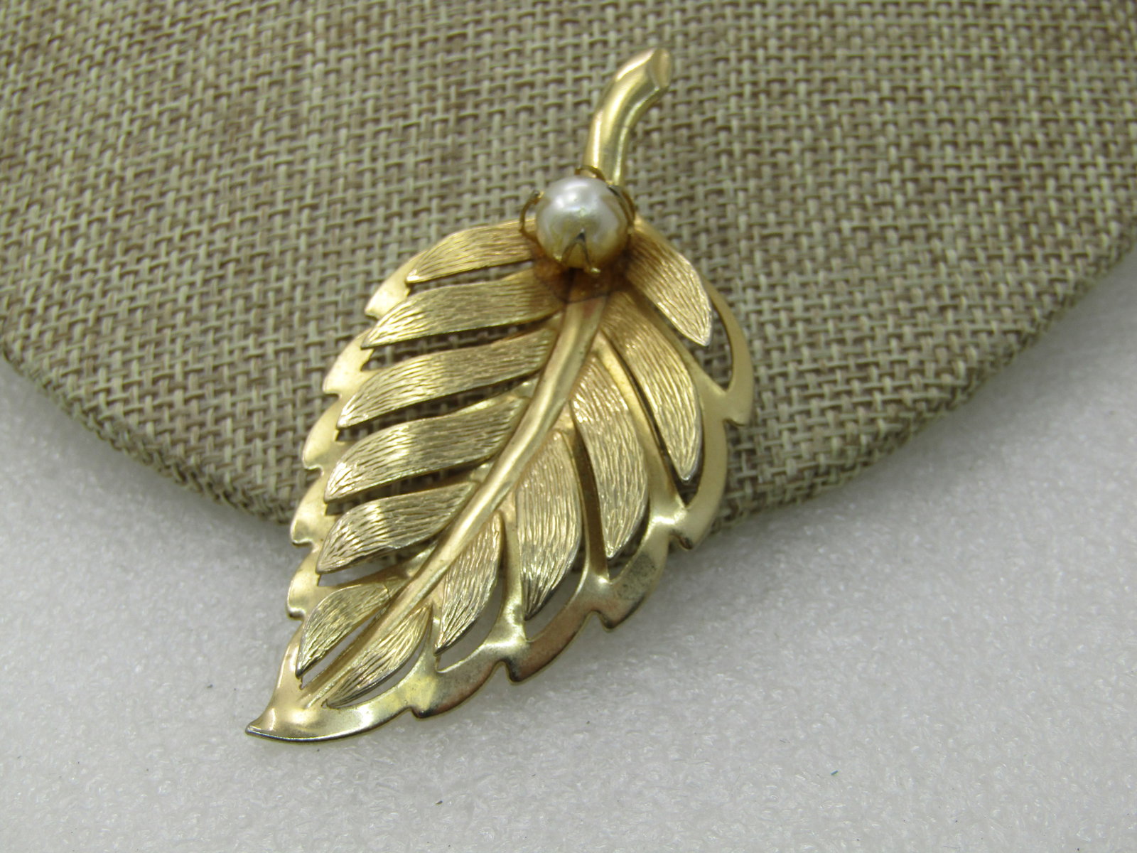 Vintage Leaf With Faux Pearl Brooch, 1960's, 3" - 2