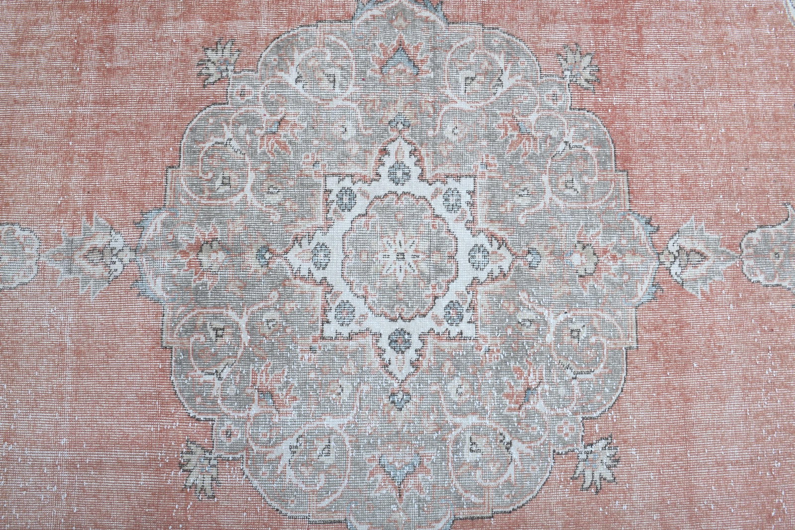 7'3x11'3 ft, FADED ORANGE RUG: Title: 7'3x11'3 ft, FADED ORANGE RUG Description: This Turkish one-of-a-kind Vintage Turkish Rug is hand-knotted and handwoven by the most skilled artisans who use pure wool, in muted, natural tones, 