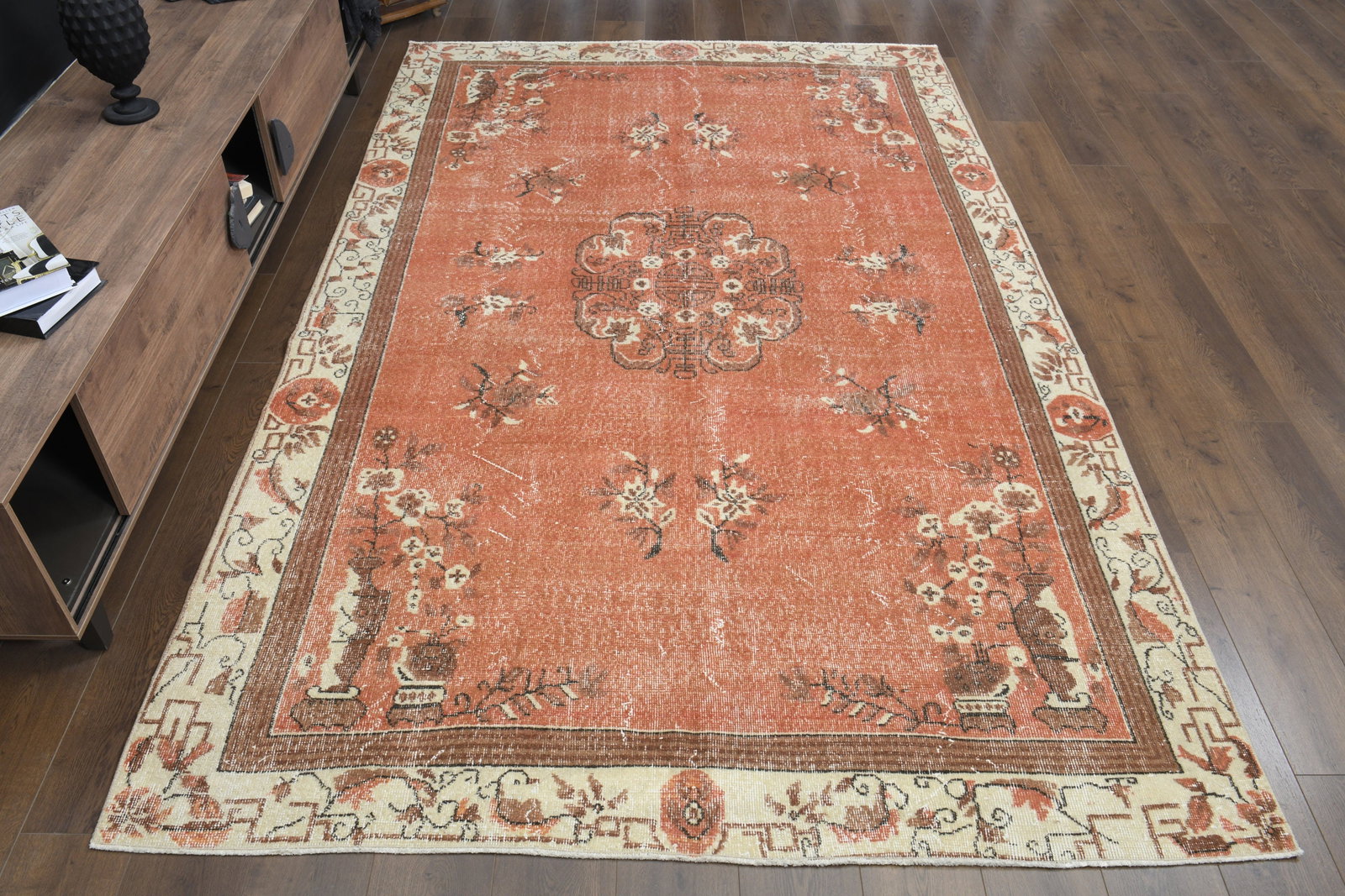 6'3x10'2 ft, RED TURKISH RUG: Title: 6'3x10'2 ft, RED TURKISH RUG Description: This Turkish one-of-a-kind Vintage Turkish Rug is hand-knotted and handwoven by the most skilled artisans who use pure wool, in muted, natural tones,