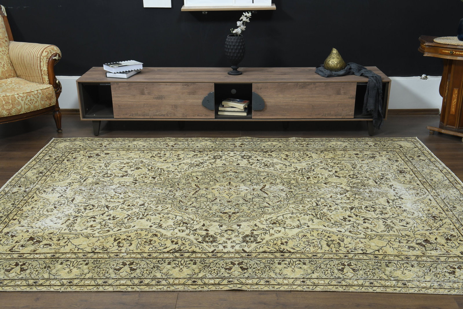 7x10 Rug, BEIGE TURKISH RUG: Title: 7x10 Rug, BEIGE TURKISH RUG Description: This Turkish one-of-a-kind Vintage Turkish Rug is hand-knotted and handwoven by the most skilled artisans who use pure wool, in muted, natural tones, an