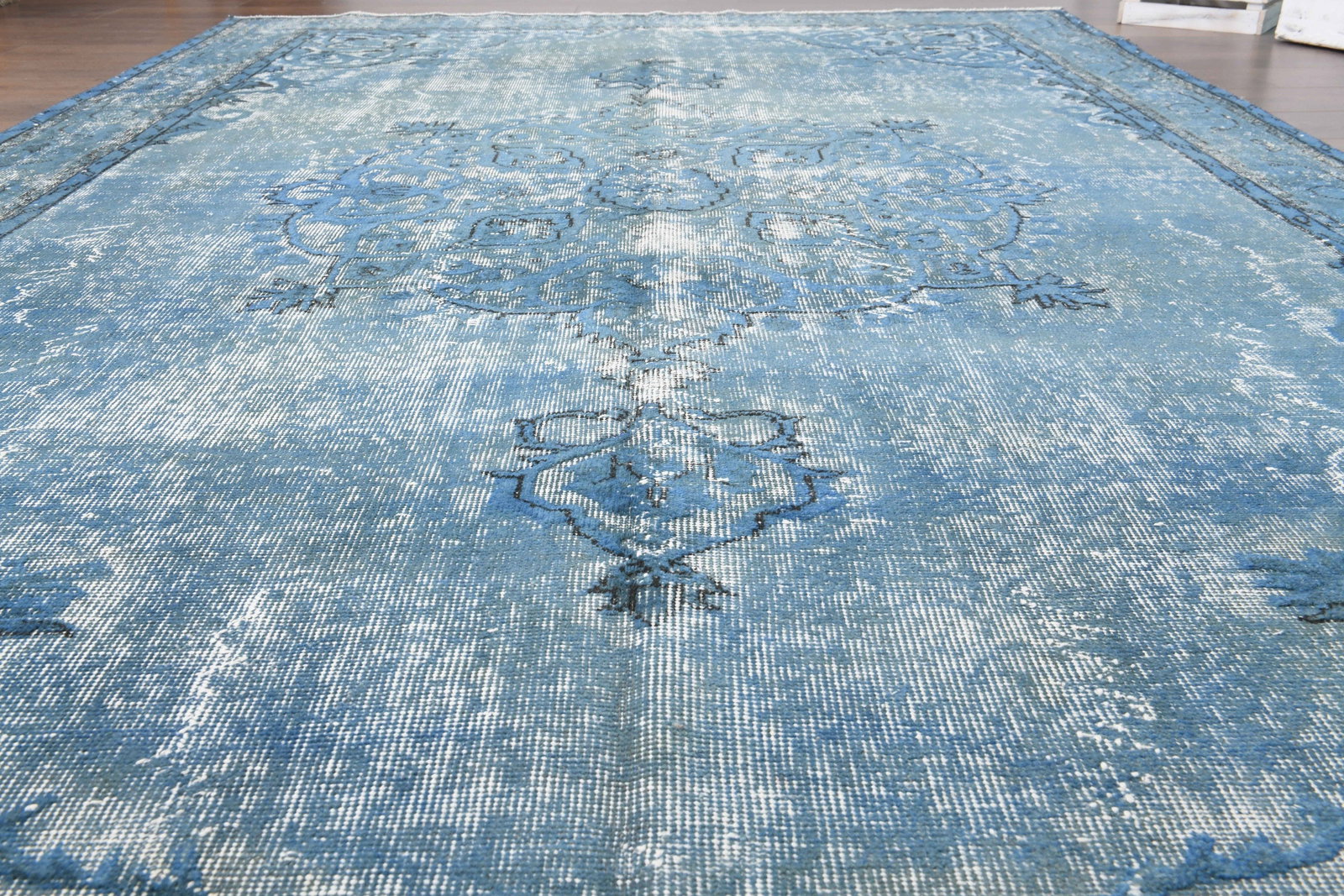 6'9x10 ft, BLUE FADED RUG: Title: 6'9x10 ft, BLUE FADED RUG Description: This Turkish one-of-a-kind Vintage Turkish Rug is hand-knotted and handwoven by the most skilled artisans who use pure wool, in muted, natural tones, and 