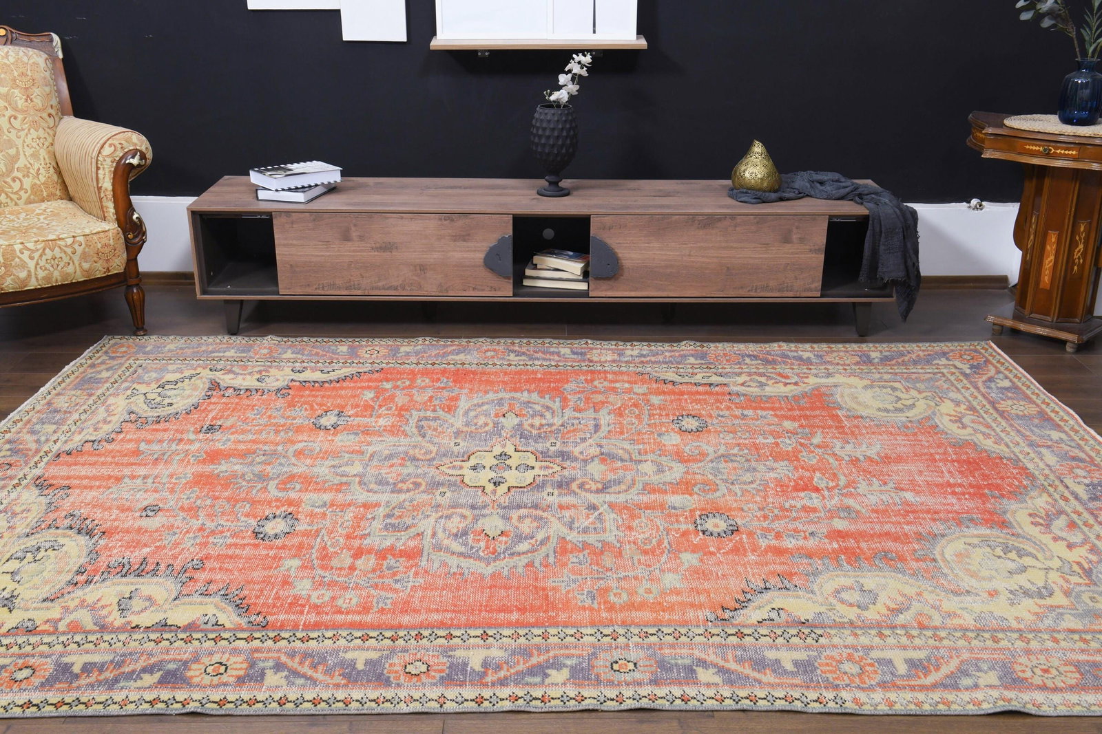 Vintage Turkish Rug - 6.7x10.5 ft: Title: Vintage Turkish Rug - 6.7x10.5 ft Description: This Turkish one-of-a-kind Vintage Turkish Rug is hand-knotted and handwoven by the most skilled artisans who use pure wool, in muted, natural ton