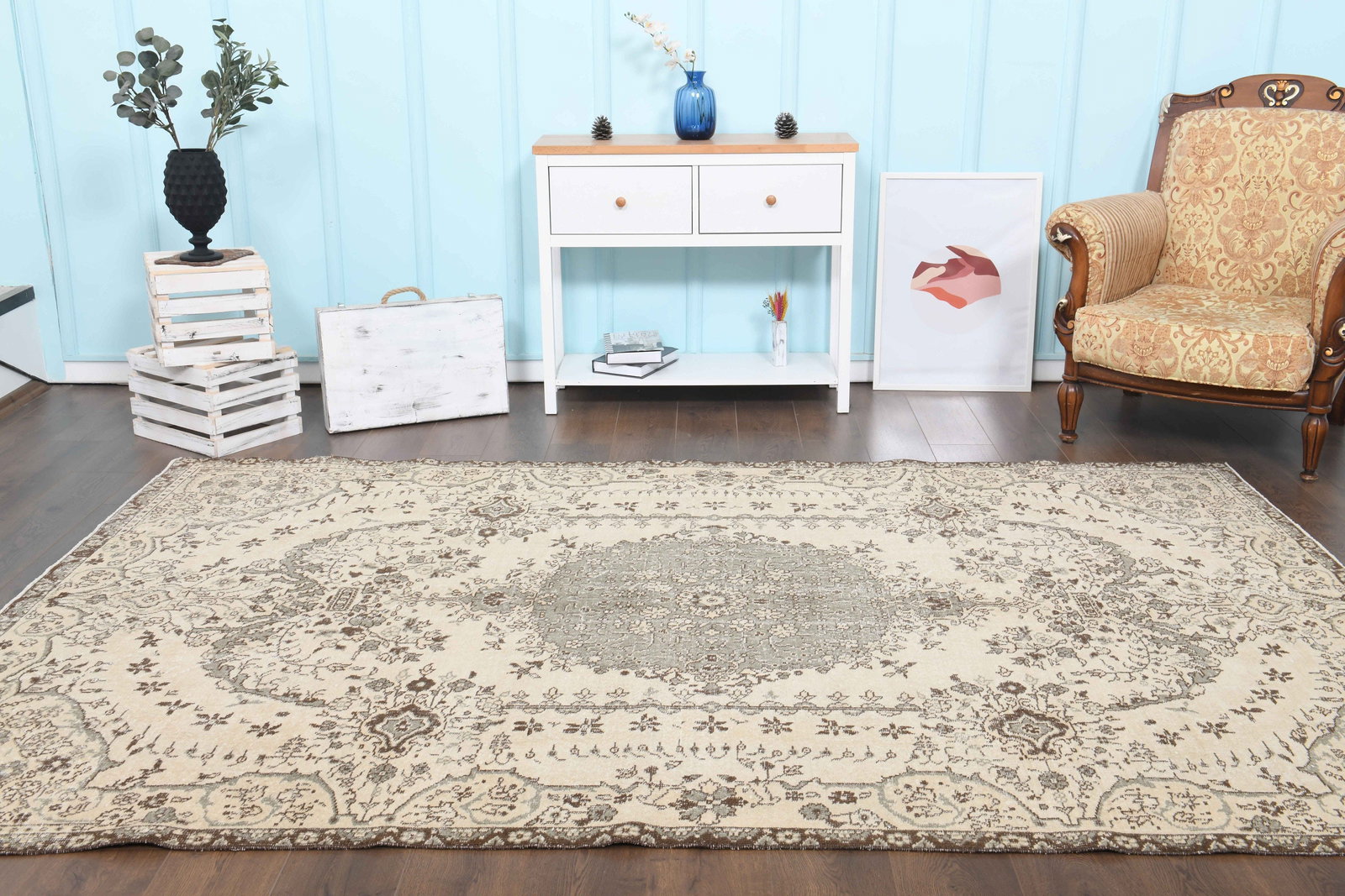 6'6x10'1 ft, ANTIQUE DeCOR: Title: 6'6x10'1 ft, ANTIQUE DeCOR Description: This Turkish one-of-a-kind Vintage Turkish Rug is hand-knotted and handwoven by the most skilled artisans who use pure wool, in muted, natural tones, and