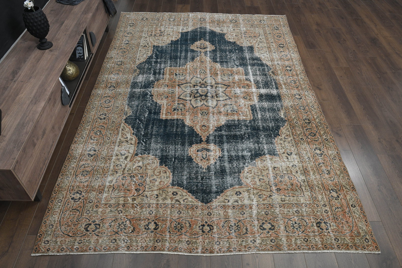 6.9x10.3 ft, DENIM BLUE, Vintage Turkish Rug: Title: 6.9x10.3 ft, DENIM BLUE, Vintage Turkish Rug Description: This Turkish one-of-a-kind Vintage Turkish Rug is hand-knotted and handwoven by the most skilled artisans who use pure wool, in muted,