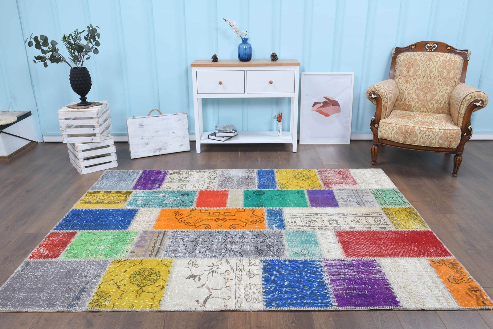 5'7x7'9 ft, HAND LOOMED, Colorful Patchwork Turkish Rug: Title: 5'7x7'9 ft, HAND LOOMED, Colorful Patchwork Turkish Rug Description: This Turkish one-of-a-kind Vintage Turkish Rug is hand-knotted and handwoven by the most skilled artisans who use pure wool,