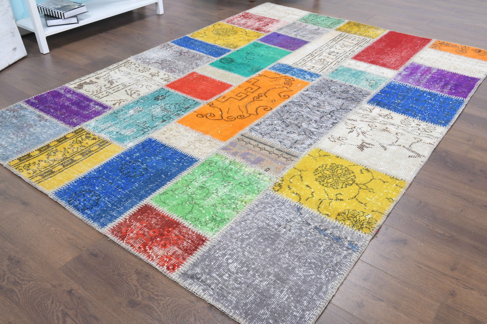 5'7x7'9 ft, HAND LOOMED, Colorful Patchwork Turkish Rug - 5