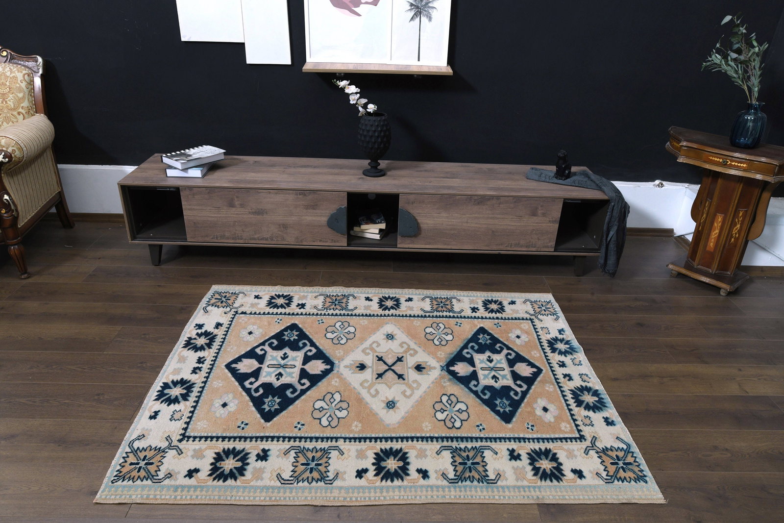 4'2x5'6 ft, ORANGE MINIMALIST RUG: Title: 4'2x5'6 ft, ORANGE MINIMALIST RUG Description: This Turkish one-of-a-kind Vintage Turkish Rug is hand-knotted and handwoven by the most skilled artisans who use pure wool, in muted, natural