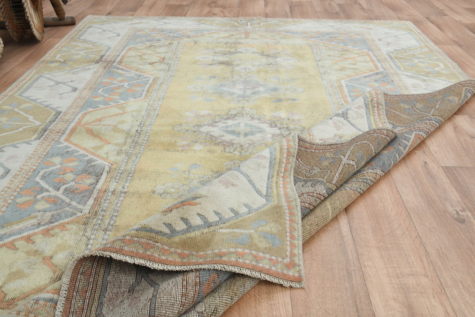 6'5x9'4 ft, YELLOW MILAS RUG: Title: 6'5x9'4 ft, YELLOW MILAS RUG Description: This Turkish one-of-a-kind Vintage Turkish Rug is hand-knotted and handwoven by the most skilled artisans who use pure wool, in muted, natural tones,