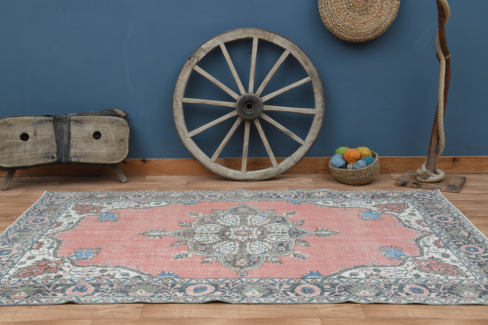 5'8x9'4 ft, PINK BLUE RUG, Vintage Turkish: Title: 5'8x9'4 ft, PINK BLUE RUG, Vintage Turkish Description: This Turkish one-of-a-kind Vintage Turkish Rug is hand-knotted and handwoven by the most skilled artisans who use pure wool, in muted, na