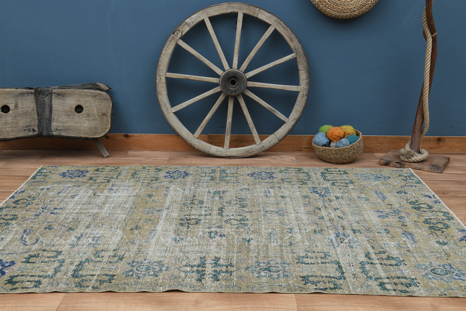 6'3x8'8 ft, GREEN BLUE RUG: Title: 6'3x8'8 ft, GREEN BLUE RUG Description: This Turkish one-of-a-kind Vintage Turkish Rug is hand-knotted and handwoven by the most skilled artisans who use pure wool, in muted, natural tones,