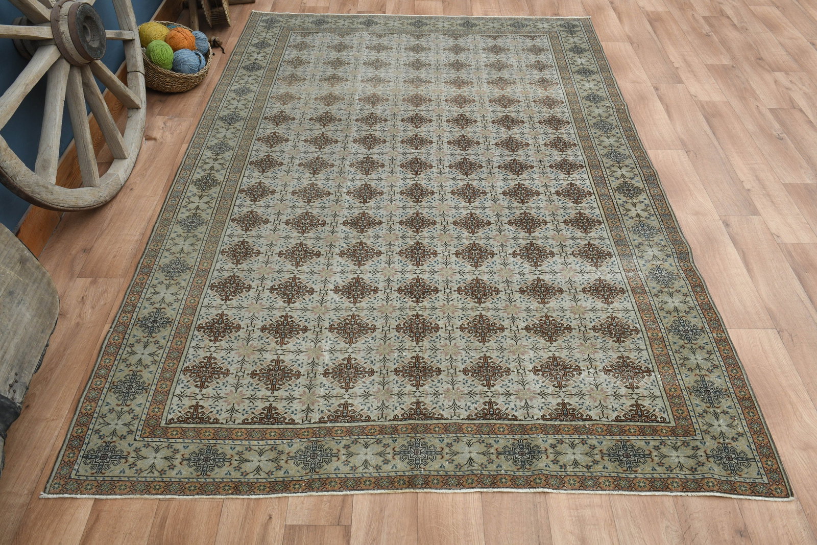 6'4x9'3 ft, GREEN BEIGE RUG: Title: 6'4x9'3 ft, GREEN BEIGE RUG Description: This Turkish one-of-a-kind Vintage Turkish Rug is hand-knotted and handwoven by the most skilled artisans who use pure wool, in muted, natural tones,