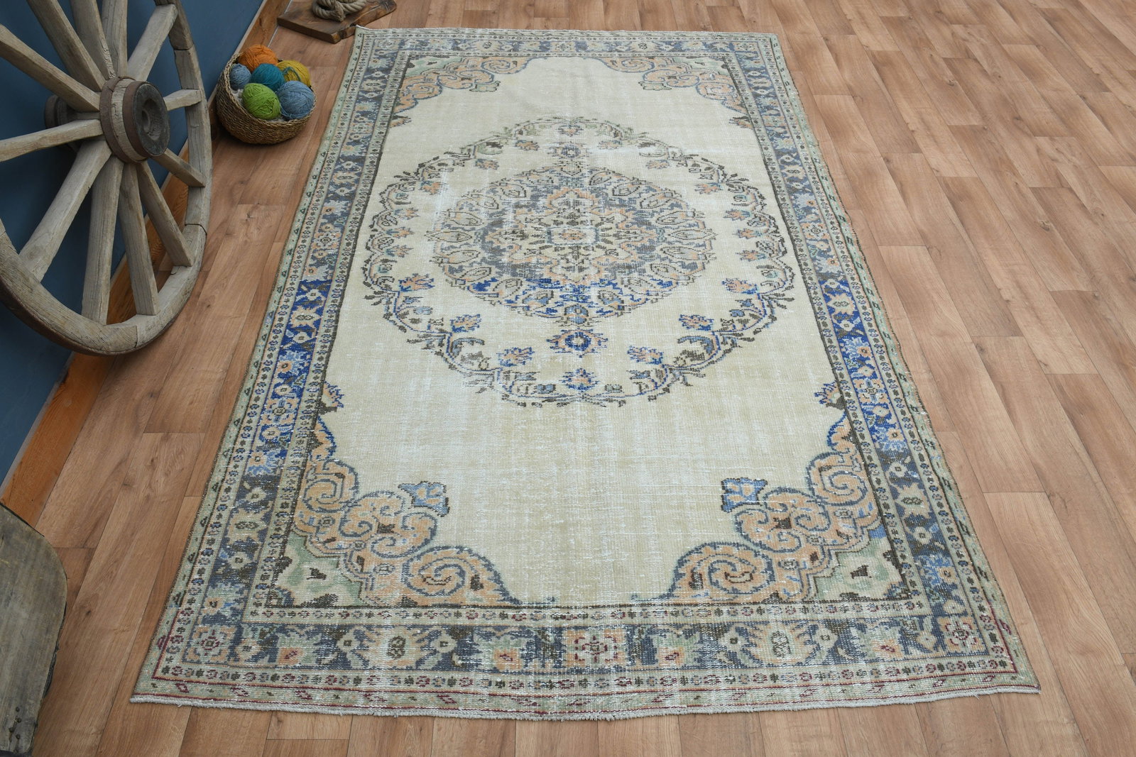 6'2x10'2 ft, MEDAILLON BEIGE RUG: Title: 6'2x10'2 ft, MEDAILLON BEIGE RUG Description: This Turkish one-of-a-kind Vintage Turkish Rug is hand-knotted and handwoven by the most skilled artisans who use pure wool, in muted, natural tone