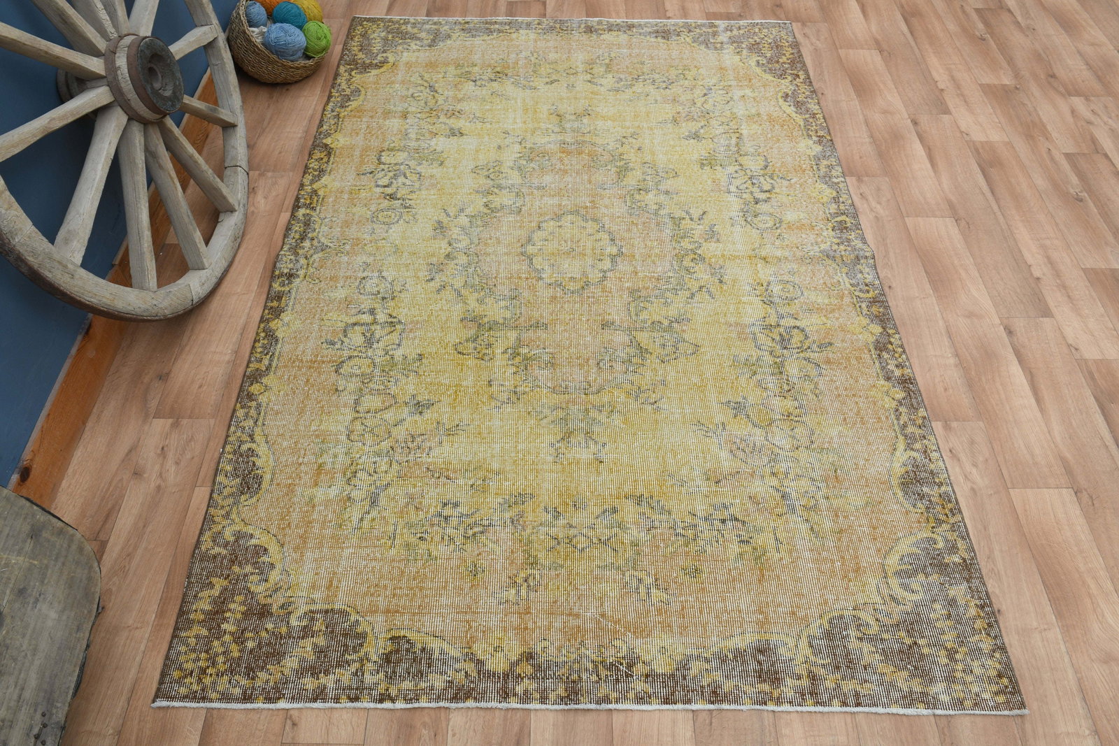 5'9x8'8 ft, YELLOW AREA RUG: Title: 5'9x8'8 ft, YELLOW AREA RUG Description: This Turkish one-of-a-kind Vintage Turkish Rug is hand-knotted and handwoven by the most skilled artisans who use pure wool, in muted, natural tones, an