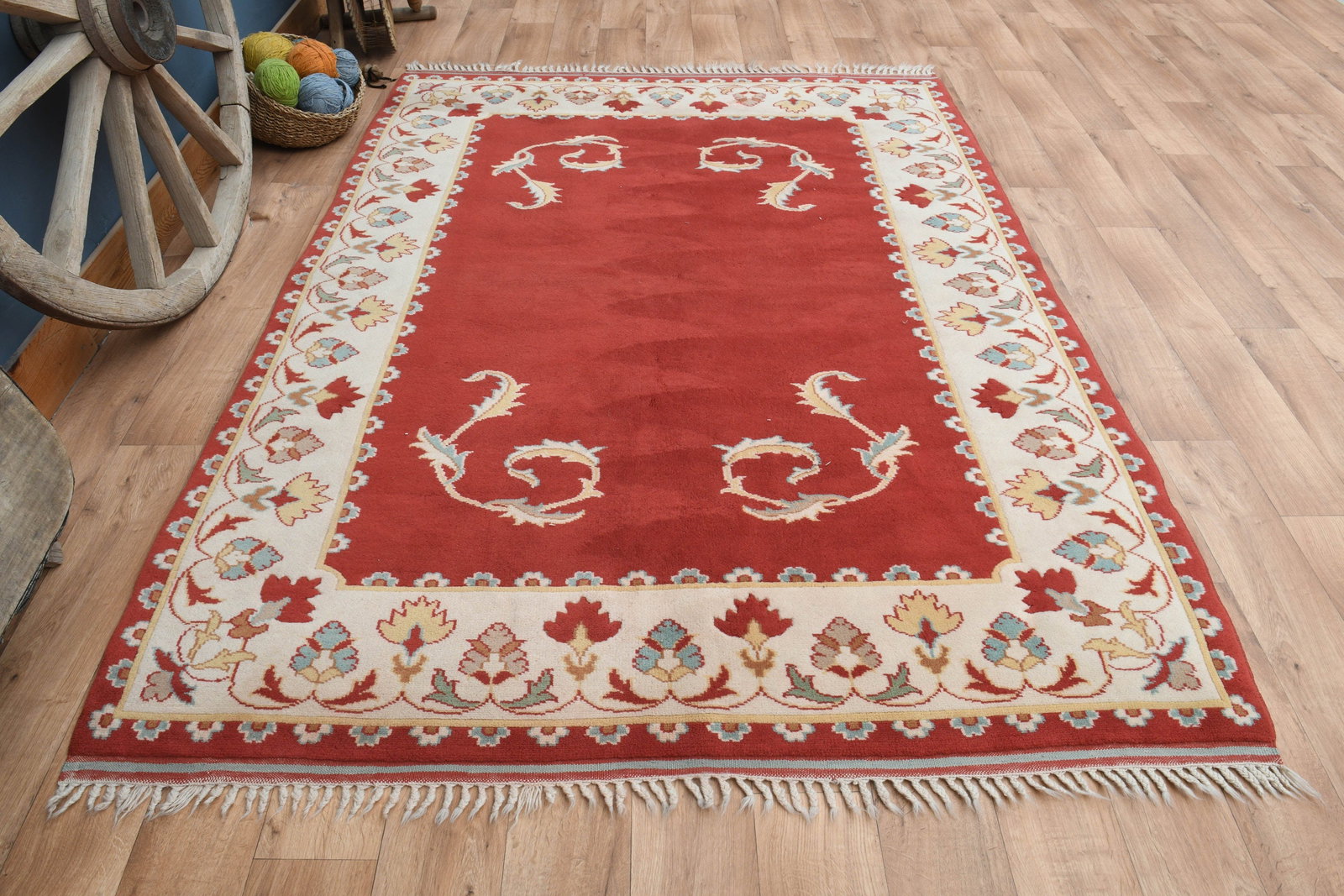 5'8x8 ft, RED BEIGE RUG: Title: 5'8x8 ft, RED BEIGE RUG Description: This Turkish one-of-a-kind Vintage Turkish Rug is hand-knotted and handwoven by the most skilled artisans who use pure wool, in muted, natural tones, and st