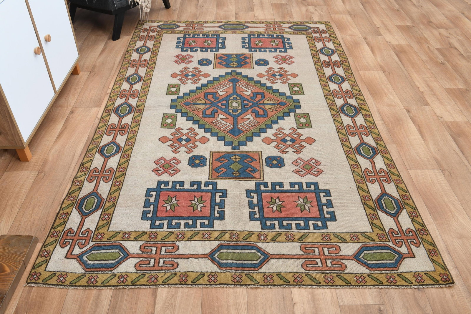 5'8x7'9 ft, Textured Bohemian Area Rug: Title: 5'8x7'9 ft, Textured Bohemian Area Rug Description: This Turkish one-of-a-kind Vintage Turkish Rug is hand-knotted and handwoven by the most skilled artisans who use pure wool, in muted, natura