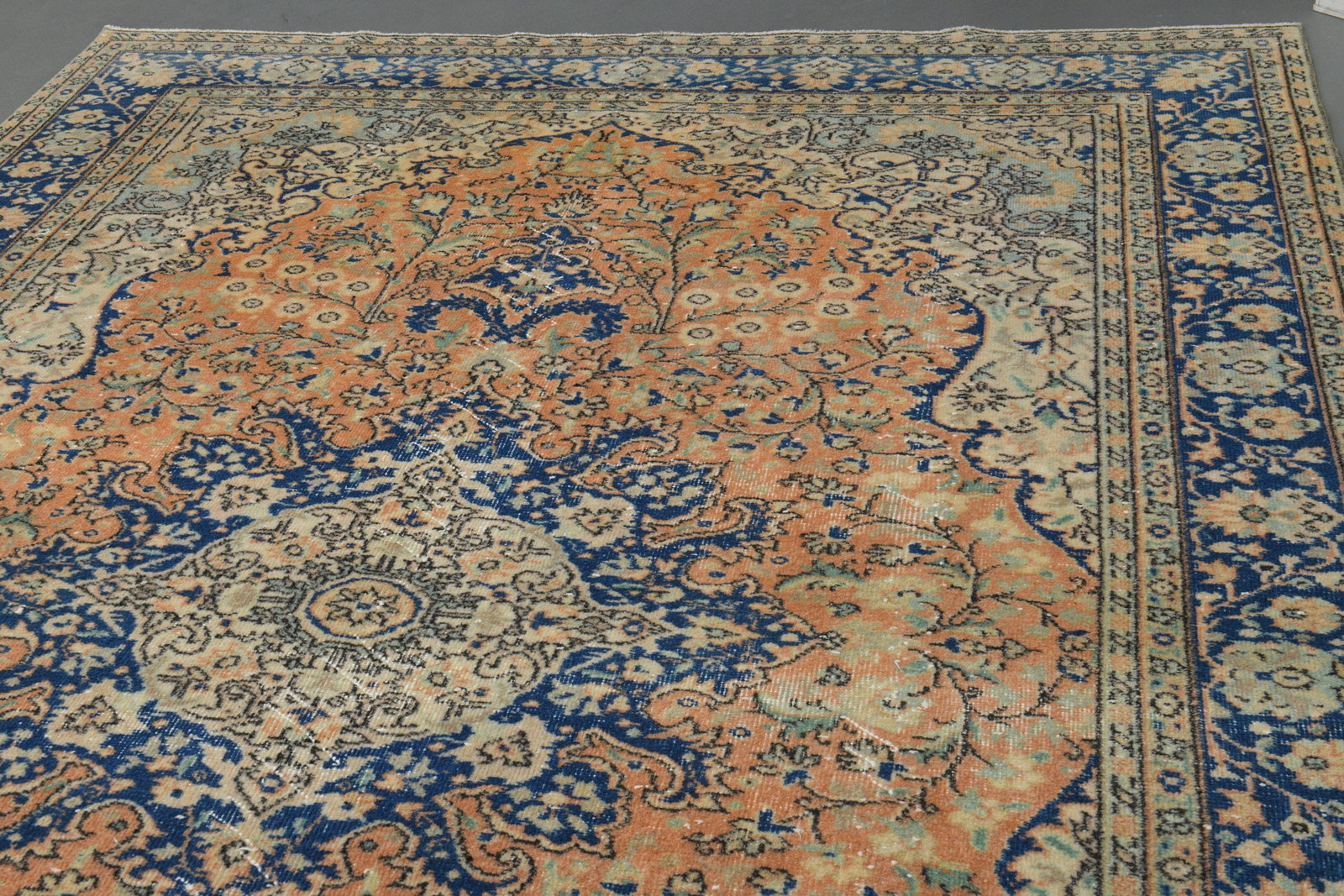 6'8x10'3 ft, ORANGE BLUE RUG: Title: 6'8x10'3 ft, ORANGE BLUE RUG Description: This Turkish one-of-a-kind Vintage Turkish Rug is hand-knotted and handwoven by the most skilled artisans who use pure wool, in muted, natural tones, a