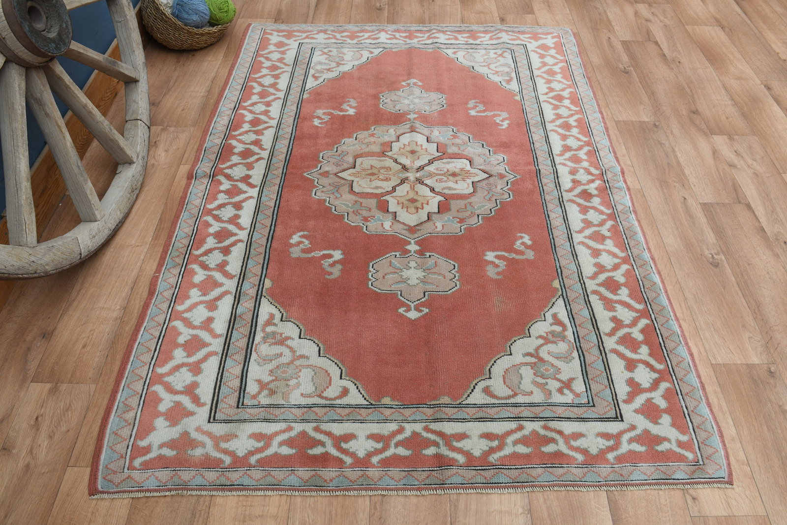 4'7x6'4 ft, ORANGE ORIENTAL RUG: Title: 4'7x6'4 ft, ORANGE ORIENTAL RUG Description: This Turkish one-of-a-kind Vintage Turkish Rug is hand-knotted and handwoven by the most skilled artisans who use pure wool, in muted, natural tones