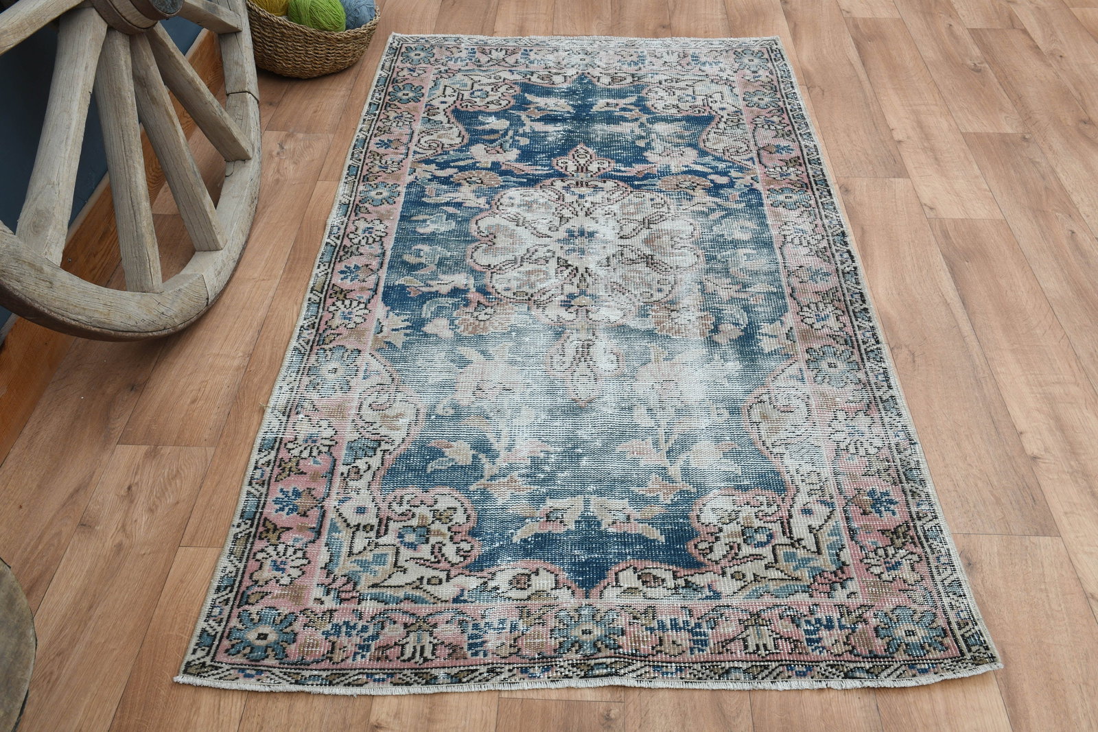 3'6x6'4 ft, FADED BLUE RUG: Title: 3'6x6'4 ft, FADED BLUE RUG Description: This Turkish one-of-a-kind Vintage Turkish Rug is hand-knotted and handwoven by the most skilled artisans who use pure wool, in muted, natural tones, and