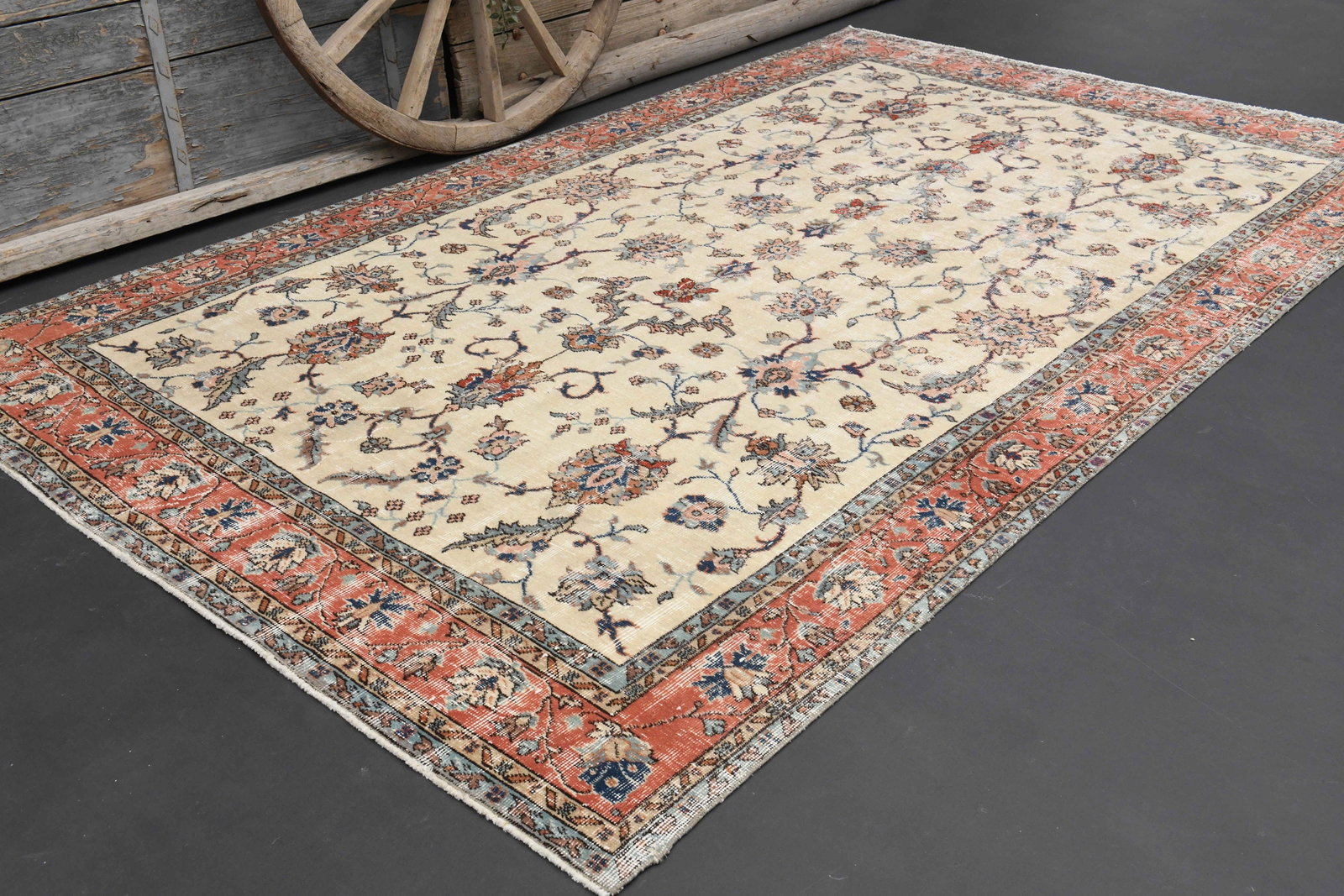 6.4x10.7 AESTHETIC VINTAGE Turkish OUSHAK Rug: Title: 6.4x10.7 AESTHETIC VINTAGE Turkish OUSHAK Rug Description: This Turkish one-of-a-kind Vintage Turkish Rug is hand-knotted and handwoven by the most skilled artisans who use pure wool, in