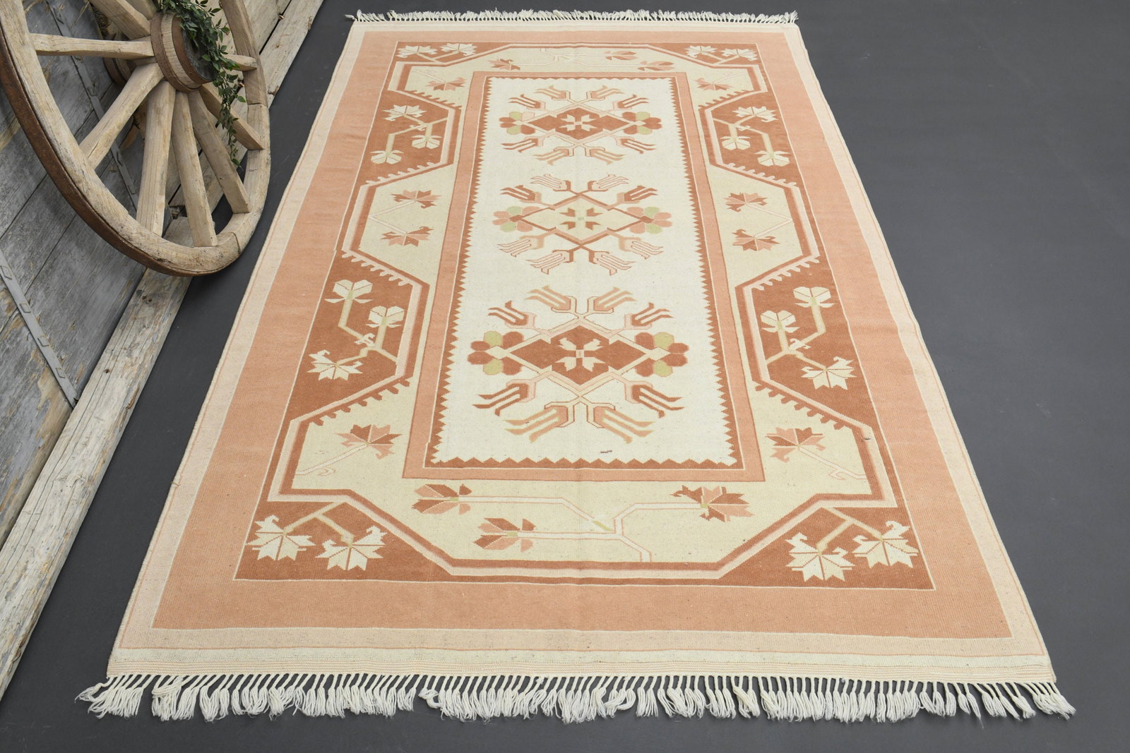 6.2x9.8 MINIMALIST Rug, Distressed Beige Orange: Title: 6.2x9.8 MINIMALIST Rug, Distressed Beige Orange Description: This Turkish one-of-a-kind Vintage Turkish Rug is hand-knotted and handwoven by the most skilled artisans who use pure wool, in