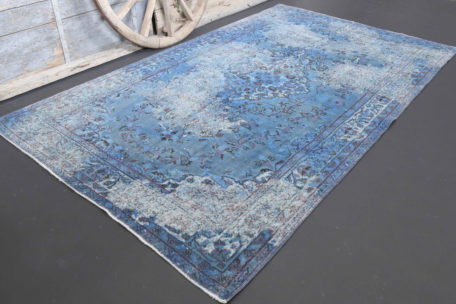 5.9x10 TURKISH Rug, Blue Faded Distressed: Title: 5.9x10 TURKISH Rug, Blue Faded Distressed Description: This Turkish one-of-a-kind Vintage Turkish Rug is hand-knotted and handwoven by the most skilled artisans who use pure wool, in muted, nat