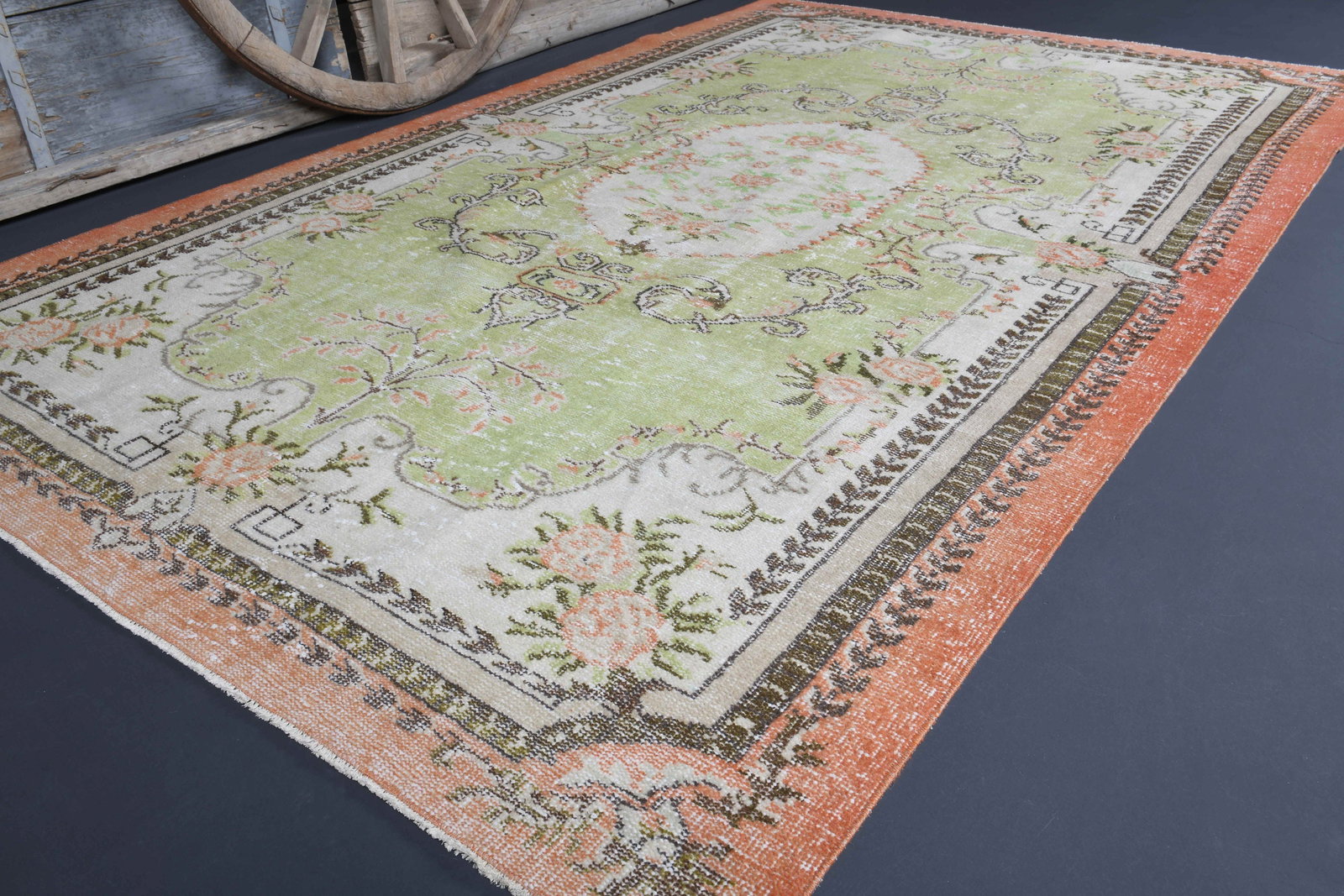 6.2x9.8 Vintage Rugs, Green Beige: Title: 6.2x9.8 Vintage Rugs, Green Beige Description: This Turkish one-of-a-kind Vintage Turkish Rug is hand-knotted and handwoven by the most skilled artisans who use pure wool, in muted, natural ton