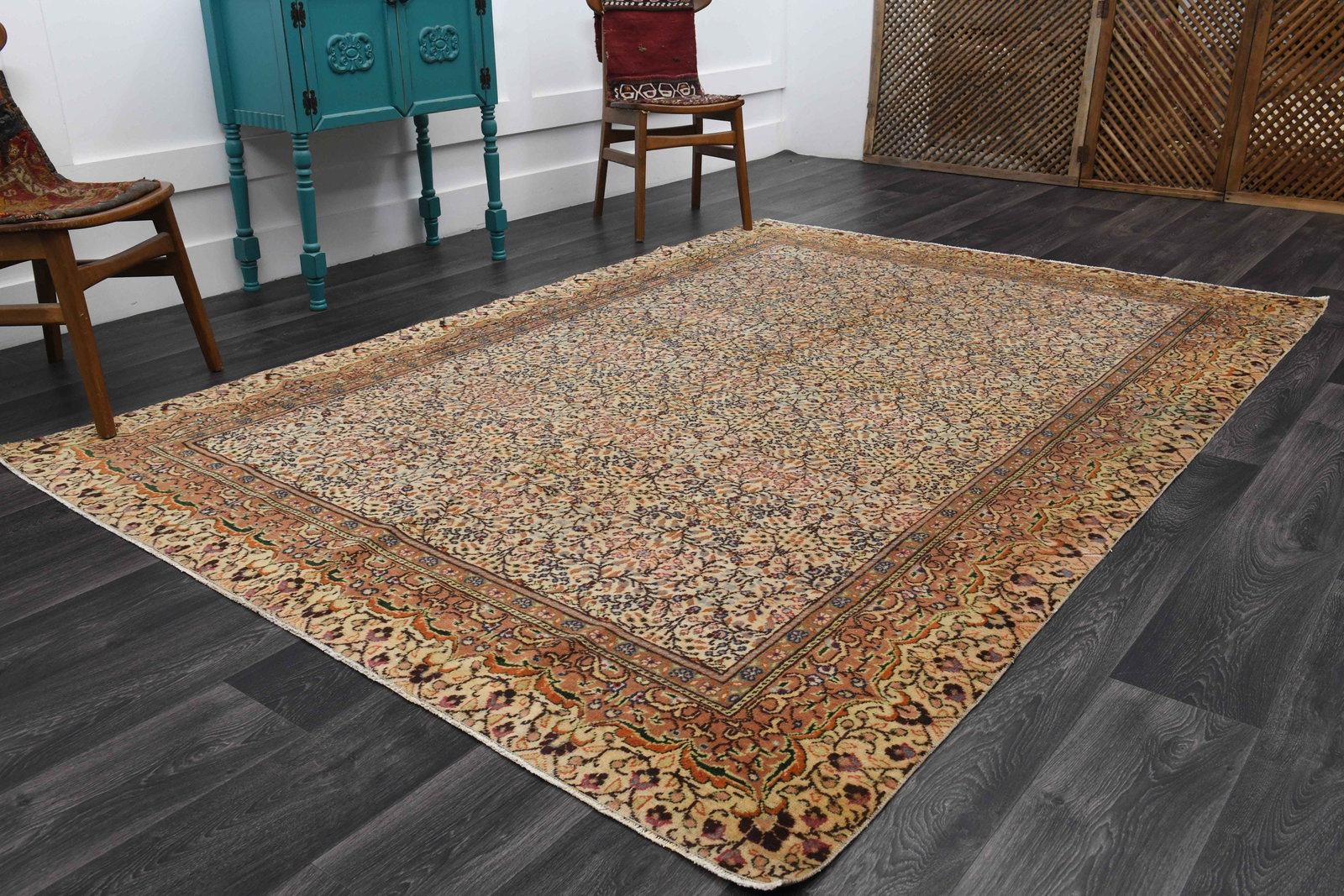 6.4x9.3 ft, Mid 20th Century Rustic Wool Vintage RUG - 2